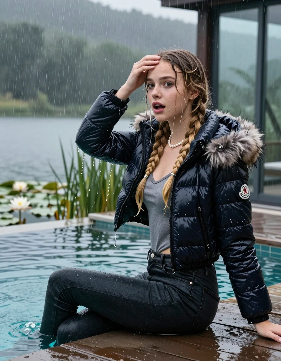 photo of young woman, in soaking wet, drenched clothes,
, Dark levis skinny jeans, Moncler shiny puffer down jacket with fur, Open jacket, tight v-neck sweater, shoulderbag, pearl necklace, bracelet, wristwatch, Orgasm in jetty by the lake with water lilies and reeds, 
enjoying, wet clothes stuck to body,
detailed textures of the wet clothes, wet face, wet plastered hair,
wet, drenched, professional, high-quality details, full body view.
sharp focus, ultra-high pixel detail, realistic, high-quality, full colors, incredibly detailed, 4k, 8k, 16k, hyper-realistic, RAW photo, masterpiece, ultra-detailed, professionally color graded, professional photograph, A realistic vertical fashion photograph taken from a backward, behind-the-back angle of a 15-year-old teenage girl sitting  in a glass-walled outdoor swimming pool, facing down to the camera to show her back. She is tilting her head at camera, letting the water drench her hair so it is glued flat against her head and body. She has two blonde long braids , completely saturated and dripping wet hair, with water cascading down her face and neck. Afraid and astonished expression. Hold her hands on her forehead. open mouth, big eyes. The lighting is bright and cinematic, highlighting the glistening water droplets on her skin and the saturated texture of her  casual clothes. Outside the large glass wall of the pool building, heavy rain is visible falling against the window. Soft, moody indoor lighting with reflections on the water. High-quality fashion photography style.
her clothing is soaking wet and clinging tightly to her skin, showing heavy wet folds, darkened fabric texture, and deep water-saturated Patches, her clothes are heavy from the water, water runs from her body and her clothes in streams. A lot of water also runs out of her clothes. Her clothes are darkened by the water. 
hyper-realistic wetness, high-contrast water sheen, sharp focus, 16k resolution, professional photography, realistic water physics., wet skin, wet clothes, damp fabric, wet skin, wet clothes, damp fabric, wet skin, wet clothes, damp fabric, wet skin, wet clothes, damp fabric, wet skin, wet clothes, damp fabric, wet skin, wet clothes, damp fabric, wet skin, wet clothes, damp fabric, wet skin, wet clothes, damp fabric, wet skin, wet clothes, damp fabric, wet skin, wet clothes, damp fabric, wet skin, wet clothes, damp fabric, wet skin, wet clothes, damp fabric, wet skin, wet clothes, damp fabric, wet skin, wet clothes, damp fabric, wet skin, wet clothes, damp fabric, wet skin, wet clothes, damp fabric, wet skin, wet clothes, damp fabric, wet skin, wet clothes, damp fabric, wet skin, wet clothes, damp fabric, wet skin, wet clothes, damp fabric, wet skin, wet clothes, damp fabric