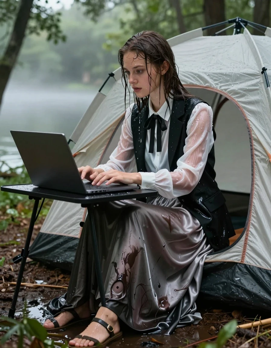 A young adult European woman working in a makeshift home office inside an open-flapped tent located on a lush forest floor next to a misty lake shore. She is completely drenched, with water-slicked hair clinging to her face and shoulders, and glistening wet skin. She wears a black blazer and a white satin blouse underneath, both heavy and soaked through, with the white fabric becoming translucent and clinging to her skin. A sharp black bowtie is tied at her neck, dripping with water. She wears a floor-length silk skirt that is heavy, water-logged, and clinging to her legs, with deep, dark patches where the fabric is saturated. On her feet, she wears sandals, with water pooling around them in the damp soil. She is focused on a laptop on a portable desk, her clothes heavy with absorbed water and showing realistic folds. The scene is captured with cinematic lighting, focusing on the textures of the wet fabrics, the sheen on the silk and satin, and the moody, atmospheric forest environment, shot with a shallow depth of field, high-resolution photographic detail, 8k, realistic water physics.