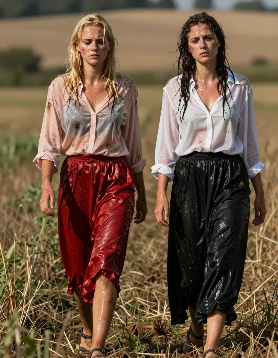 A photorealistic, high-detail wide shot of two exhausted young adult European women, one blonde and one brunette, walking through expansive sun-drenched fields. Both women appear physically drained, covered in visible streaks of dirt and grime, their skin glistening with sweat and moisture, hair damp and matted. The blonde woman wears a light pink buttoned-down blouse soaked through with moisture, clinging to her skin, paired with a floor-length red silk skirt that is heavy, damp, and clinging, worn with visible stockings and sandals. The brunette woman wears a sheer white blouse that is drenched and translucent, paired with a black maxi skirt that is heavy with water saturation, showing deep folds and clinging textures. The lighting is harsh, bright sunlight creating strong specular highlights on their wet skin, damp fabric, and sweat-slicked faces. The atmosphere is humid and heavy, capturing the realistic texture of wet, mud-stained clothing and skin after a long journey. 8k resolution, cinematic lighting, sharp focus, highly detailed skin pores and fabric weaves.