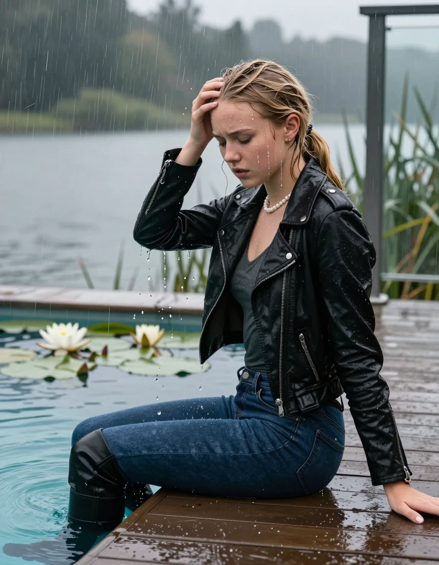 photo of young woman, in soaking wet, drenched clothes,
Black high boots, Dark blue levis skinny jeans, Black biker leatherjacket, Open jacket, tight v-neck sweater, shoulderbag, pearl necklace, bracelet, wristwatch, Orgasm in jetty by the lake with water lilies and reeds, 
enjoying, wet clothes stuck to body,
detailed textures of the wet clothes, wet face, wet plastered hair,
wet, drenched, professional, high-quality details, full body view.
sharp focus, ultra-high pixel detail, realistic, high-quality, full colors, incredibly detailed, 4k, 8k, 16k, hyper-realistic, RAW photo, masterpiece, ultra-detailed, professionally color graded, professional photograph, A realistic vertical fashion photograph taken from a backward, behind-the-back angle of a 12-year-old teenage girl sitting  in a glass-walled outdoor swimming pool, facing down to the camera to show her back. She is tilting her head at camera, letting the water drench her hair so it is glued flat against her head and body. She has a blonde long sleek ponytail, completely saturated and dripping wet hair, with water cascading down her face and neck. Afraid and astonished Expression. Hold her hands on her forehead. Closed mouth, closed eyes. The lighting is bright and cinematic, highlighting the glistening water droplets on her skin and the saturated texture of her  casual clothes. Outside the large glass wall of the pool building, heavy rain is visible falling against the window. Soft, moody indoor lighting with reflections on the water. High-quality fashion photography style.
her clothing is soaking wet and clinging tightly to her skin, showing heavy wet folds, darkened fabric texture, and deep water-saturated Patches, her clothes are heavy from the water, water runs from her body and her clothes in streams. A lot of water also runs out of her clothes. Her clothes are darkened by the water. 
hyper-realistic wetness, high-contrast water sheen, sharp focus, 16k resolution, professional photography, realistic water physics., wet skin, wet clothes, damp fabric, wet skin, wet clothes, damp fabric, wet skin, wet clothes, damp fabric, wet skin, wet clothes, damp fabric, wet skin, wet clothes, damp fabric, wet skin, wet clothes, damp fabric, wet skin, wet clothes, damp fabric, wet skin, wet clothes, damp fabric, wet skin, wet clothes, damp fabric, wet skin, wet clothes, damp fabric, wet skin, wet clothes, damp fabric, wet skin, wet clothes, damp fabric, wet skin, wet clothes, damp fabric, wet skin, wet clothes, damp fabric, wet skin, wet clothes, damp fabric, wet skin, wet clothes, damp fabric, wet skin, wet clothes, damp fabric, wet skin, wet clothes, damp fabric, wet skin, wet clothes, damp fabric, wet skin, wet clothes, damp fabric, wet skin, wet clothes, damp fabric, wet skin, wet clothes, damp fabric