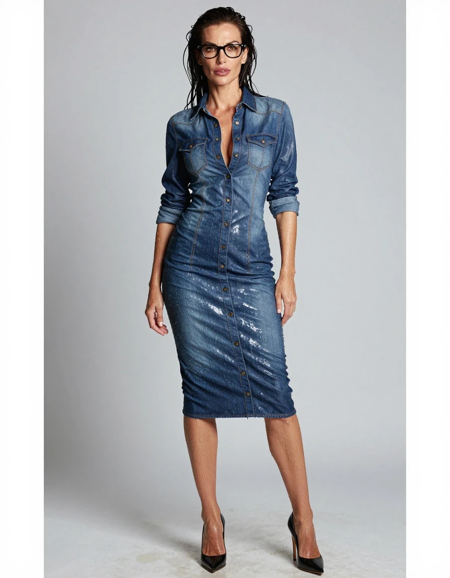 photo of young woman, in soaking wet, drenched clothes,
high-heeled shoes, tight midi shiny denim shirt dress, tight midi shiny denim shirt dress, after swim , 
enjoying, wet clothes stuck to body,
detailed textures of the wet clothes, wet face, wet plastered hair,
wet, drenched, professional, high-quality details, full body view.
sharp focus, ultra-high pixel detail, realistic, high-quality, full colors, incredibly detailed, 4k, 8k, 16k, hyper-realistic, RAW photo, masterpiece, ultra-detailed, professionally color graded, professional photograph, europen brunette skinny woman 50 years old, long dark black hair, office glasses, very big and thick lips, complete body, wet skin, wet clothes, damp fabric, wet skin, wet clothes, damp fabric, wet skin, wet clothes, damp fabric, wet skin, wet clothes, damp fabric, wet skin, wet clothes, damp fabric, wet skin, wet clothes, damp fabric, wet skin, wet clothes, damp fabric