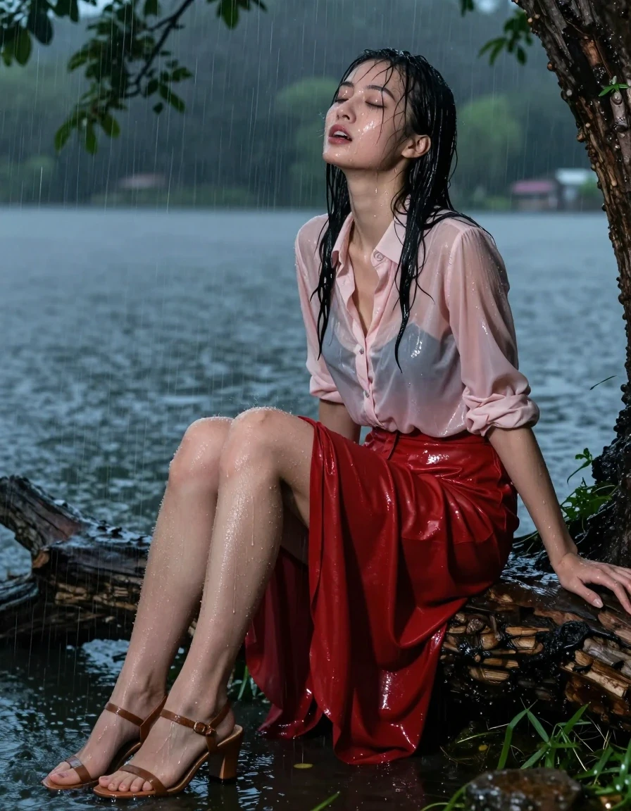 photo of young woman, in soaking wet, drenched clothes,
sandals, floor-length red silk skirt, stockings, light pink buttoned down blouse, lake at night during torrential downpour, 
enjoying, wet clothes stuck to body,
detailed textures of the wet clothes, wet face, wet plastered hair,
wet, drenched, professional, high-quality details, full body view.
sharp focus, ultra-high pixel detail, realistic, high-quality, full colors, incredibly detailed, 4k, 8k, 16k, hyper-realistic, RAW photo, masterpiece, ultra-detailed, professionally color graded, professional photograph, sitting under a tree, has an orgasm from getting wet, wet skin, wet clothes, damp fabric