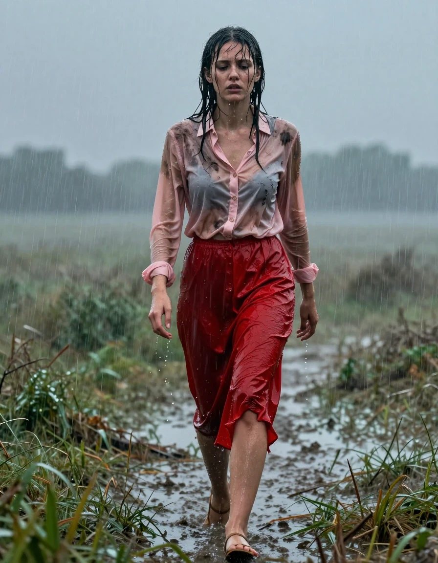 A photorealistic full-body shot of a young adult European woman walking through a vast open field during a violent torrential downpour. She wears a light pink buttoned-down blouse that is drenched and clinging to her skin, with dark, soaked patches and heavy water-saturated folds. Her floor-length red cashmere skirt is heavy with water, clinging to her legs and dragging slightly, the fabric darkened to a deep crimson with visible moisture-heavy texture and water sheen. She wears sheer stockings beneath the skirt, visibly wet and glistening. On her feet, she wears simple sandals. Her expression is one of visible exhaustion, with wet hair matted to her face and skin glistening with rain. The atmosphere is gloomy and overcast, with heavy rain streaks visible in the air, creating a dramatic, high-contrast scene. The environment shows flattened grass and mud from the intense storm. Cinematic lighting, captured with a 35mm lens, high-speed shutter to freeze the falling rain, sharp focus on the subject, hyper-realistic textures, moisture-laden atmosphere, deep color saturation in the soaked fabrics, professional photography.