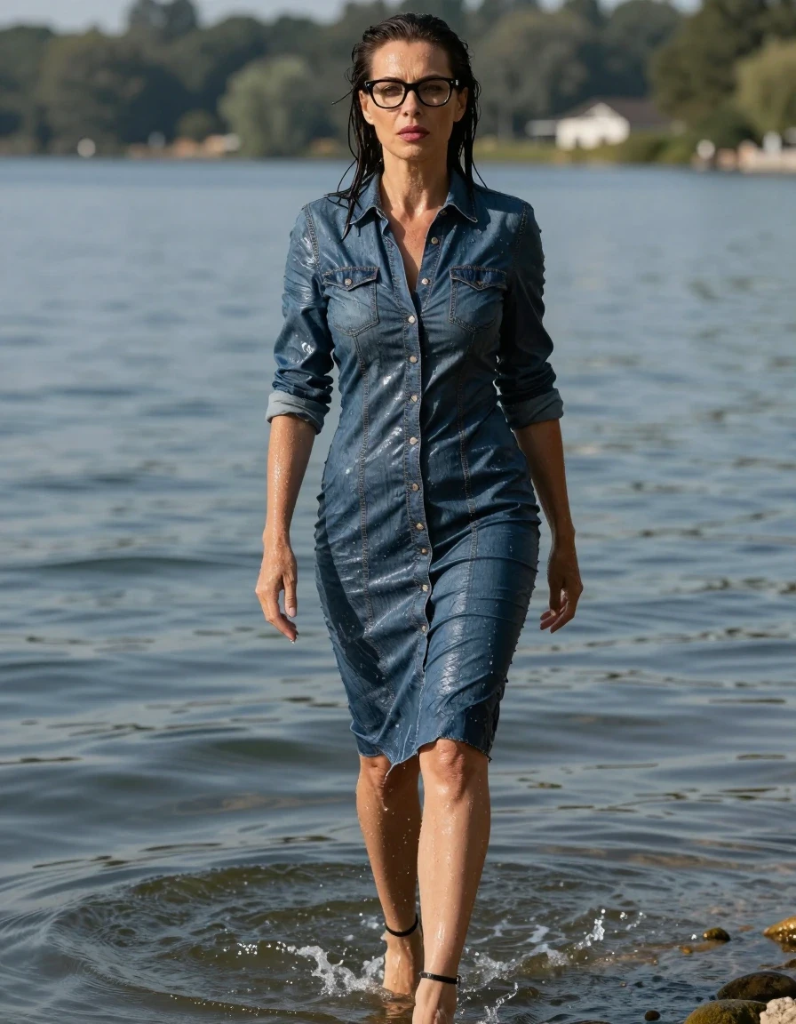 photo of young woman, in soaking wet, drenched clothes,
high-heeled shoes, tight midi shiny denim shirt dress, tight midi shiny denim shirt dress, after swim in lake, 
enjoying, wet clothes stuck to body,
detailed textures of the wet clothes, wet face, wet plastered hair,
wet, drenched, professional, high-quality details, full body view.
sharp focus, ultra-high pixel detail, realistic, high-quality, full colors, incredibly detailed, 4k, 8k, 16k, hyper-realistic, RAW photo, masterpiece, ultra-detailed, professionally color graded, professional photograph, europen brunette skinny woman 50 years old, long dark black hair, office glasses, very big and thick lips, complete body, wet skin, wet clothes, damp fabric, wet skin, wet clothes, damp fabric, wet skin, wet clothes, damp fabric, wet skin, wet clothes, damp fabric, wet skin, wet clothes, damp fabric, wet skin, wet clothes, damp fabric, wet skin, wet clothes, damp fabric