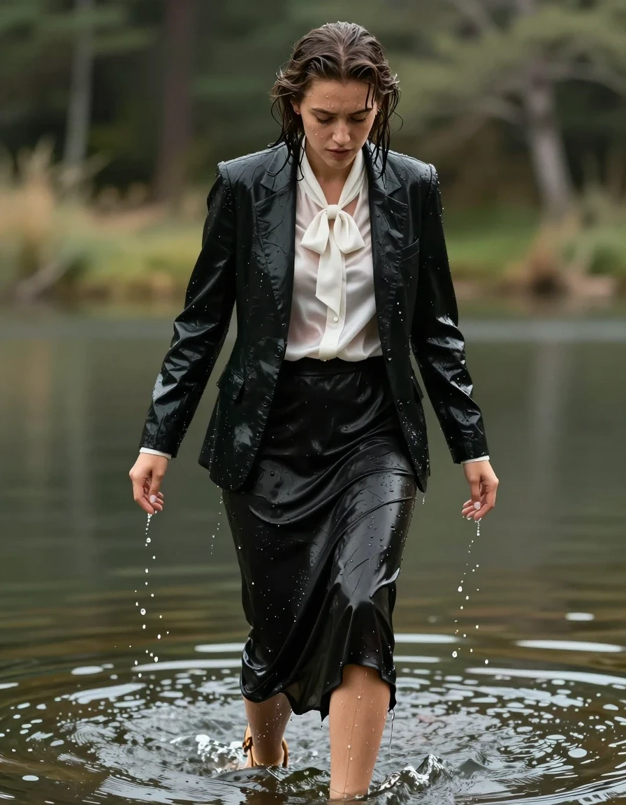photo of young woman, in soaking wet, drenched clothes,
sandals, floor-length silk skirt, black blazer, white satin blouse, bowtie, forest next to a lake, 
enjoying, wet clothes stuck to body,
detailed textures of the wet clothes, wet face, wet plastered hair,
wet, drenched, professional, high-quality details, full body view.
sharp focus, ultra-high pixel detail, realistic, high-quality, full colors, incredibly detailed, 4k, 8k, 16k, hyper-realistic, RAW photo, masterpiece, ultra-detailed, professionally color graded, professional photograph, submerging in water in her clothes, wet skin, wet clothes, damp fabric
