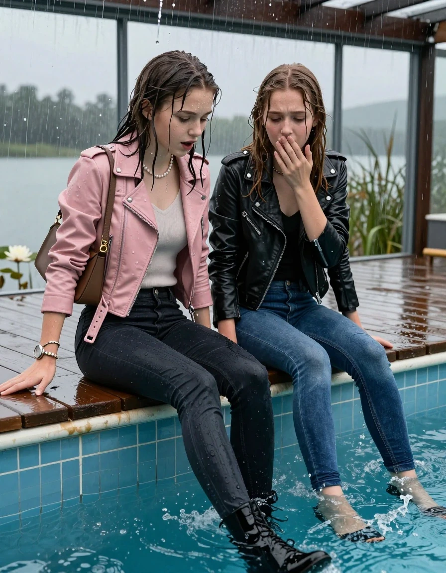 photo of young woman, in soaking wet, drenched clothes,
, ,  tight v-neck sweater, shoulderbag, pearl necklace, bracelet, wristwatch, jetty by the lake with water lilies and reeds, 
enjoying, wet clothes stuck to body,
detailed textures of the wet clothes, wet face, wet plastered hair,
wet, drenched, professional, high-quality details, full body view.
sharp focus, ultra-high pixel detail, realistic, high-quality, full colors, incredibly detailed, 4k, 8k, 16k, hyper-realistic, RAW photo, masterpiece, ultra-detailed, professionally color graded, professional photograph, A realistic vertical fashion photograph taken from a backward, behind-the-back angle of two 13-year-old girls with different outfits sitting  and slides into the water of a glass-walled outdoor swimming pool. One wears a light pink leatherjacket, dark levis skinny jeans and boots. One wears a black leatherjacket, dark blue skinny jeans and black heels. facing down to the camera to show her back. She is tilting her head at camera, letting the water drench her hair so it is glued flat against her body. She has completely saturated and dripping wet hair. Afraid and astonished expression. One Covers with a hand the mouth of the other girl. half closed eyes. The lighting is bright and cinematic, highlighting the glistening water droplets on her skin and the saturated texture of her  casual clothes. Outside the large glass wall of the pool building, heavy rain is visible falling against the window. Soft, moody indoor lighting with reflections on the water. High-quality fashion photography style.
her clothing is soaking wet and clinging tightly to her skin, showing heavy wet folds, darkened fabric texture, and deep water-saturated Patches, her clothes are heavy from the water, water runs from her body and her clothes in streams. A lot of water also runs out of her clothes. Her clothes are darkened by the water. 
hyper-realistic wetness, high-contrast water sheen, sharp focus, 16k resolution, professional photography, realistic water physics., wet skin, wet clothes, damp fabric., wet skin, wet clothes, damp fabric, wet skin, wet clothes, damp fabric, wet skin, wet clothes, damp fabric
