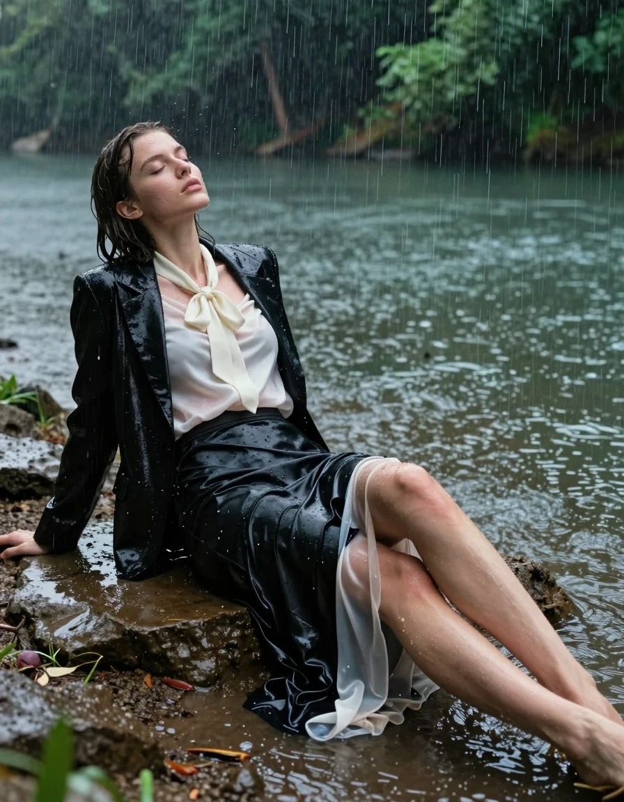 A young adult European woman with wet, sleek hair and damp skin, sunbathing while lying on the shore of a forest lake during a torrential downpour. She is wearing a black blazer over a white satin blouse with a bowtie, and a floor-length silk skirt that is clinging to her legs, heavily soaked and translucent in areas where it adheres to her skin. She wears simple sandals on her feet. The torrential rain creates a constant sheen of water over her clothes and skin, with the black blazer and silk skirt appearing significantly darkened, heavy, and saturated with water, showing deep folds and clinging textures. The forest setting is lush and moody, with rain-slicked trees and water splashing against the rocky, muddy shore. Photorealistic, 8k resolution, high-contrast lighting, cinematic depth of field, captured with a 35mm lens, sharp focus on the wet textures and fabric displacement.