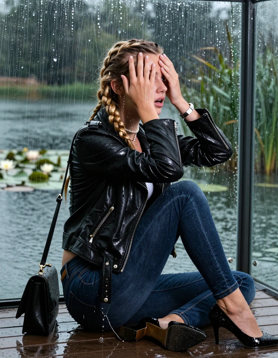 photo of young woman, in soaking wet, drenched clothes,
Black high heels, Dark blue levis skinny jeans, Black biker leatherjacket, Open jacket, tight v-neck sweater, shoulderbag, pearl necklace, bracelet, wristwatch, Orgasm in jetty by the lake with water lilies and reeds, 
enjoying, wet clothes stuck to body,
detailed textures of the wet clothes, wet face, wet plastered hair,
wet, drenched, professional, high-quality details, full body view.
sharp focus, ultra-high pixel detail, realistic, high-quality, full colors, incredibly detailed, 4k, 8k, 16k, hyper-realistic, RAW photo, masterpiece, ultra-detailed, professionally color graded, professional photograph, A realistic vertical fashion photograph taken from a backward, behind-the-back angle of a 15-year-old teenage girl sitting  in a glass-walled outdoor swimming pool, facing down to the camera to show her back. She is tilting her head at camera, letting the water drench her hair so it is glued flat against her head and body. She has two blonde long braids , completely saturated and dripping wet hair, with water cascading down her face and neck. Afraid and astonished Expression. Hold her hands over her eyes. Closed mouth, big eyes. The lighting is bright and cinematic, highlighting the glistening water droplets on her skin and the saturated texture of her  casual clothes. Outside the large glass wall of the pool building, heavy rain is visible falling against the window. Soft, moody indoor lighting with reflections on the water. High-quality fashion photography style.
her clothing is soaking wet and clinging tightly to her skin, showing heavy wet folds, darkened fabric texture, and deep water-saturated Patches, her clothes are heavy from the water, water runs from her body and her clothes in streams. A lot of water also runs out of her clothes. Her clothes are darkened by the water. 
hyper-realistic wetness, high-contrast water sheen, sharp focus, 16k resolution, professional photography, realistic water physics., wet skin, wet clothes, damp fabric, wet skin, wet clothes, damp fabric, wet skin, wet clothes, damp fabric, wet skin, wet clothes, damp fabric, wet skin, wet clothes, damp fabric, wet skin, wet clothes, damp fabric, wet skin, wet clothes, damp fabric, wet skin, wet clothes, damp fabric, wet skin, wet clothes, damp fabric, wet skin, wet clothes, damp fabric, wet skin, wet clothes, damp fabric, wet skin, wet clothes, damp fabric, wet skin, wet clothes, damp fabric, wet skin, wet clothes, damp fabric, wet skin, wet clothes, damp fabric, wet skin, wet clothes, damp fabric, wet skin, wet clothes, damp fabric, wet skin, wet clothes, damp fabric, wet skin, wet clothes, damp fabric, wet skin, wet clothes, damp fabric, wet skin, wet clothes, damp fabric
