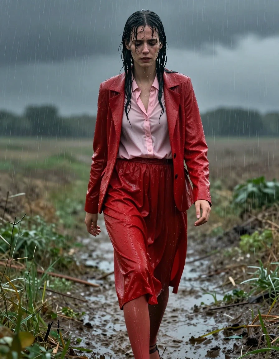 A photorealistic full-body shot of a young adult European woman walking through open fields during a torrential downpour. She is wearing a light pink buttoned-down blouse with a pussy bow, layered under a red cashmere blazer, paired with a floor-length red cashmere skirt and stockings, finished with sandals. The clothing is heavily soaked and saturated, with the cashmere fabrics appearing darkened, heavy, and clinging to her form with realistic damp texture and folds. Her skin and hair are drenched, glistening with water sheen and rivulets. She appears exhausted, with a weary expression, trudging through the mud. The environment is dark and moody under an overcast stormy sky, with heavy rain streaks visible in the air. High-contrast lighting captures the glossy, wet surfaces of the fabrics and skin, 8k resolution, cinematic photography, hyper-detailed textures.