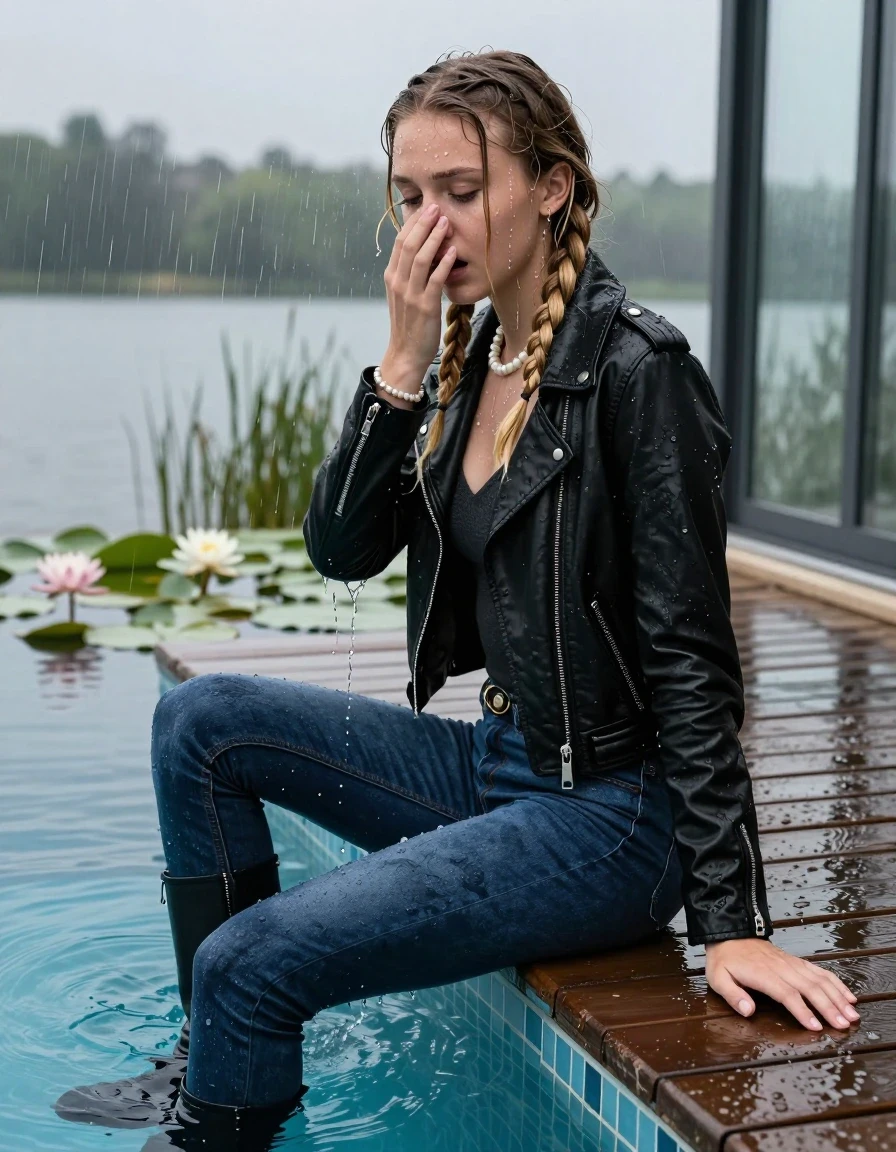 photo of young woman, in soaking wet, drenched clothes,
Black high boots, Dark blue levis skinny jeans, Black biker leatherjacket, Open jacket, tight v-neck sweater, shoulderbag, pearl necklace, bracelet, wristwatch, Orgasm in jetty by the lake with water lilies and reeds, 
enjoying, wet clothes stuck to body,
detailed textures of the wet clothes, wet face, wet plastered hair,
wet, drenched, professional, high-quality details, full body view.
sharp focus, ultra-high pixel detail, realistic, high-quality, full colors, incredibly detailed, 4k, 8k, 16k, hyper-realistic, RAW photo, masterpiece, ultra-detailed, professionally color graded, professional photograph, A realistic vertical fashion photograph taken from a backward, behind-the-back angle of a 15-year-old teenage girl sitting  in a glass-walled outdoor swimming pool, facing down to the camera to show her back. She is tilting her head up at camera, letting the water drench her hair so it is glued flat against her head and body. She has two blonde long braids , completely saturated and dripping wet hair, with water cascading down her face and neck. Afraid and astonished Expression. Cover her nose with a hand. Closed mouth, closed eyes. The lighting is bright and cinematic, highlighting the glistening water droplets on her skin and the saturated texture of her  casual clothes. Outside the large glass wall of the pool building, heavy rain is visible falling against the window. Soft, moody indoor lighting with reflections on the water. High-quality fashion photography style.
her clothing is soaking wet and clinging tightly to her skin, showing heavy wet folds, darkened fabric texture, and deep water-saturated Patches, her clothes are heavy from the water, water runs from her body and her clothes in streams. A lot of water also runs out of her clothes. Her clothes are darkened by the water. 
hyper-realistic wetness, high-contrast water sheen, sharp focus, 16k resolution, professional photography, realistic water physics., wet skin, wet clothes, damp fabric, wet skin, wet clothes, damp fabric, wet skin, wet clothes, damp fabric, wet skin, wet clothes, damp fabric, wet skin, wet clothes, damp fabric, wet skin, wet clothes, damp fabric, wet skin, wet clothes, damp fabric, wet skin, wet clothes, damp fabric, wet skin, wet clothes, damp fabric, wet skin, wet clothes, damp fabric, wet skin, wet clothes, damp fabric, wet skin, wet clothes, damp fabric, wet skin, wet clothes, damp fabric, wet skin, wet clothes, damp fabric, wet skin, wet clothes, damp fabric, wet skin, wet clothes, damp fabric, wet skin, wet clothes, damp fabric, wet skin, wet clothes, damp fabric, wet skin, wet clothes, damp fabric, wet skin, wet clothes, damp fabric, wet skin, wet clothes, damp fabric, wet skin, wet clothes, damp fabric