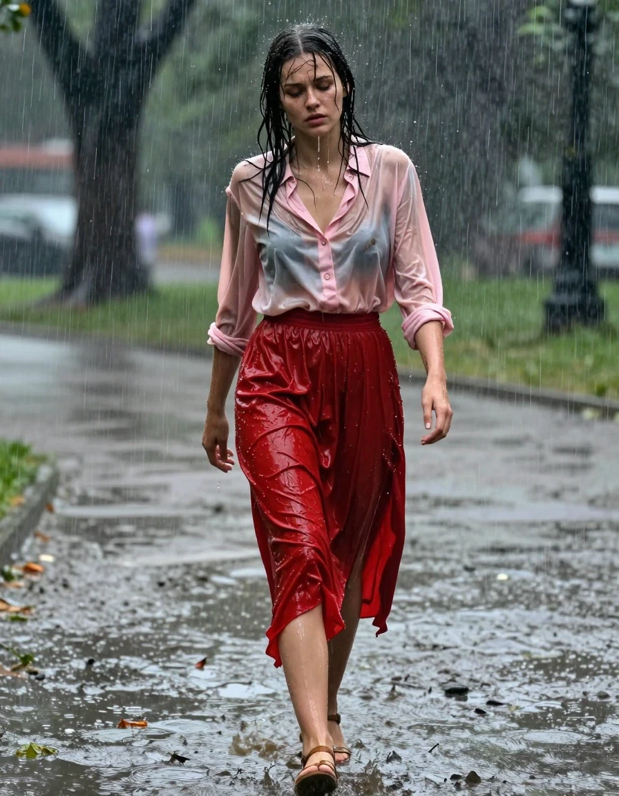 A photorealistic full-body shot of a young adult European woman walking through a park during a torrential downpour, looking completely exhausted with tired eyes and slumped posture. She is wearing a light pink buttoned-down blouse that is clinging to her skin, darkened and translucent from the heavy rain, and a floor-length red cashmere skirt that is soaked, heavy, and draped with sodden folds, clinging to her legs. Beneath the skirt, her stockings are visible and dripping wet. She wears sandals on her feet, with water pooling around them in the mud. Her hair is matted and plastered to her face and shoulders, with water streaming down her skin. The entire scene is captured with cinematic lighting that highlights the intense rain, glossy specular reflections on wet surfaces, and the heavy, saturated texture of the drenched clothing. High-resolution, sharp focus, 8k, realistic skin textures, atmospheric storm lighting.