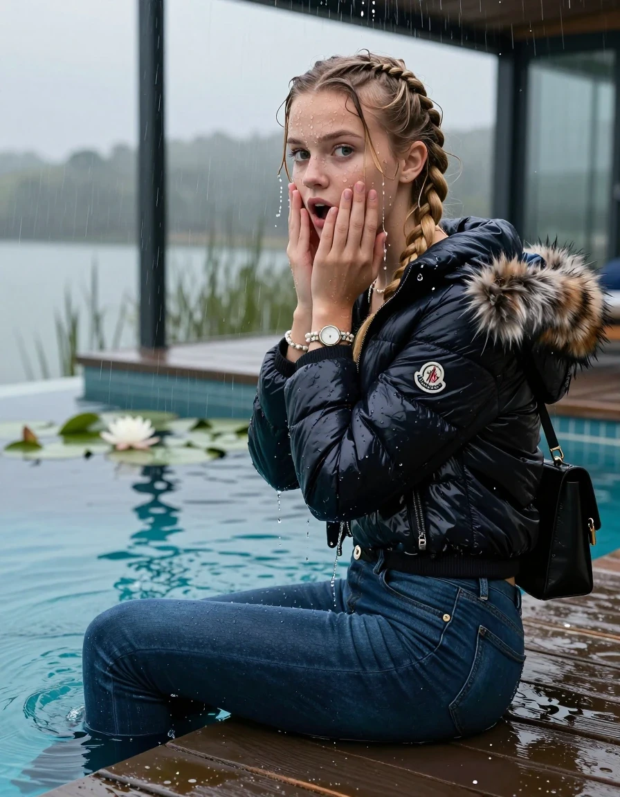 photo of young woman, in soaking wet, drenched clothes,
, Dark blue levis skinny jeans, Moncler shiny puffer down jacket with fur, Open jacket, tight v-neck sweater, shoulderbag, pearl necklace, bracelet, wristwatch, Orgasm in jetty by the lake with water lilies and reeds, 
enjoying, wet clothes stuck to body,
detailed textures of the wet clothes, wet face, wet plastered hair,
wet, drenched, professional, high-quality details, full body view.
sharp focus, ultra-high pixel detail, realistic, high-quality, full colors, incredibly detailed, 4k, 8k, 16k, hyper-realistic, RAW photo, masterpiece, ultra-detailed, professionally color graded, professional photograph, A realistic vertical fashion photograph taken from a backward, behind-the-back angle of a 15-year-old teenage girl sitting  in a glass-walled outdoor swimming pool, facing down to the camera to show her back. She is tilting her head at camera, letting the water drench her hair so it is glued flat against her head and body. She has two blonde long braids , completely saturated and dripping wet hair, with water cascading down her face and neck. Afraid and astonished expression. Hold her hands on her chin. open mouth, big eyes. The lighting is bright and cinematic, highlighting the glistening water droplets on her skin and the saturated texture of her  casual clothes. Outside the large glass wall of the pool building, heavy rain is visible falling against the window. Soft, moody indoor lighting with reflections on the water. High-quality fashion photography style.
her clothing is soaking wet and clinging tightly to her skin, showing heavy wet folds, darkened fabric texture, and deep water-saturated Patches, her clothes are heavy from the water, water runs from her body and her clothes in streams. A lot of water also runs out of her clothes. Her clothes are darkened by the water. 
hyper-realistic wetness, high-contrast water sheen, sharp focus, 16k resolution, professional photography, realistic water physics., wet skin, wet clothes, damp fabric, wet skin, wet clothes, damp fabric, wet skin, wet clothes, damp fabric, wet skin, wet clothes, damp fabric, wet skin, wet clothes, damp fabric, wet skin, wet clothes, damp fabric, wet skin, wet clothes, damp fabric, wet skin, wet clothes, damp fabric, wet skin, wet clothes, damp fabric, wet skin, wet clothes, damp fabric, wet skin, wet clothes, damp fabric, wet skin, wet clothes, damp fabric, wet skin, wet clothes, damp fabric, wet skin, wet clothes, damp fabric, wet skin, wet clothes, damp fabric, wet skin, wet clothes, damp fabric, wet skin, wet clothes, damp fabric, wet skin, wet clothes, damp fabric, wet skin, wet clothes, damp fabric, wet skin, wet clothes, damp fabric, wet skin, wet clothes, damp fabric