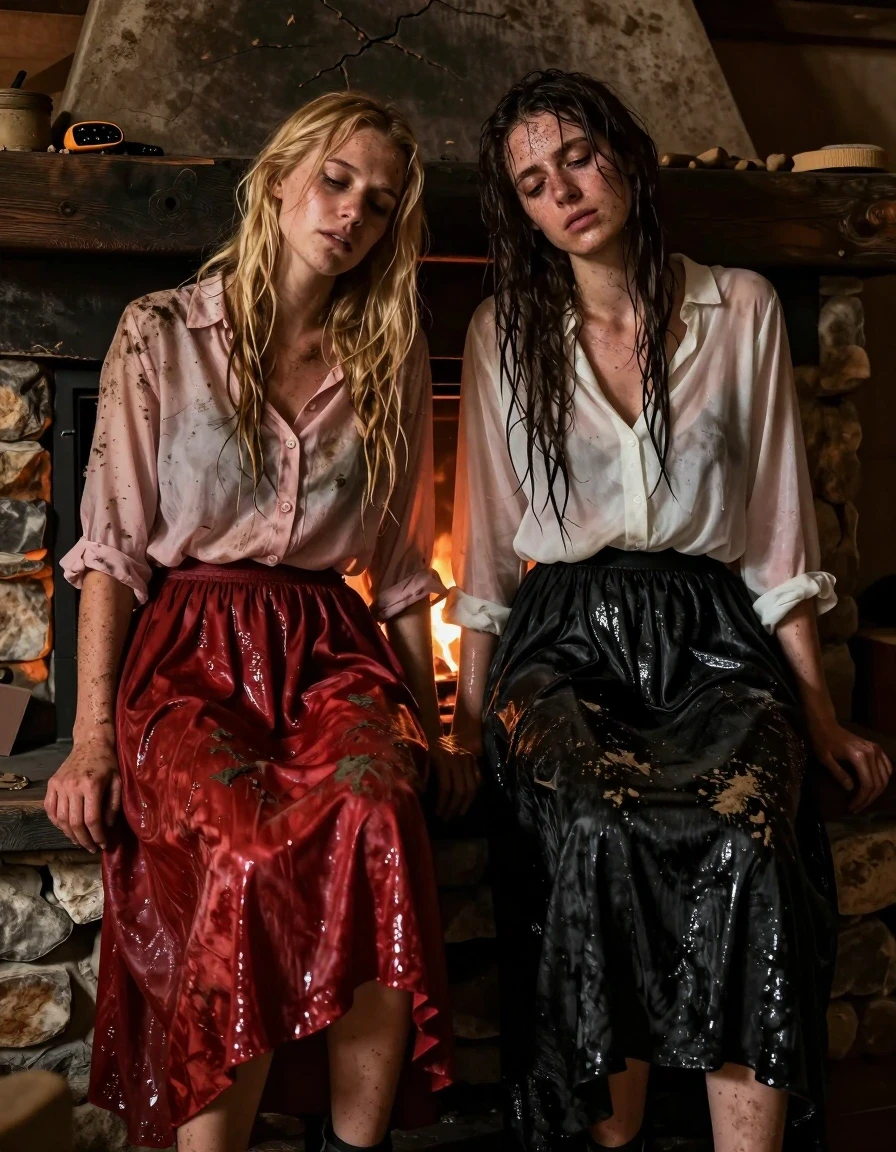 A photorealistic, high-detail scene inside a rustic wooden house by a crackling fireplace. Two exhausted, bedraggled young adult European women, one blonde and one brunette, are covered in layers of dirt and grime after a three-day trek. The blonde woman wears a light pink buttoned-down blouse and a floor-length red silk skirt, with stockings and sandals visible at her feet. The brunette woman wears a sheer white blouse and a black maxi skirt. Both women have wet, matted hair and damp, clinging clothes that appear darkened and heavy from exposure to the elements. The fabrics show realistic water saturation, deep color shifts, and heavy, clinging folds where they touch the skin. The firelight casts warm, flickering highlights across their tired faces and the wet, shimmering textures of their garments. Cinematic composition, shallow depth of field, 8k resolution, hyper-realistic skin textures, visible grime and mud streaks, dramatic contrast between the warm hearth light and the damp, heavy atmosphere of the room.