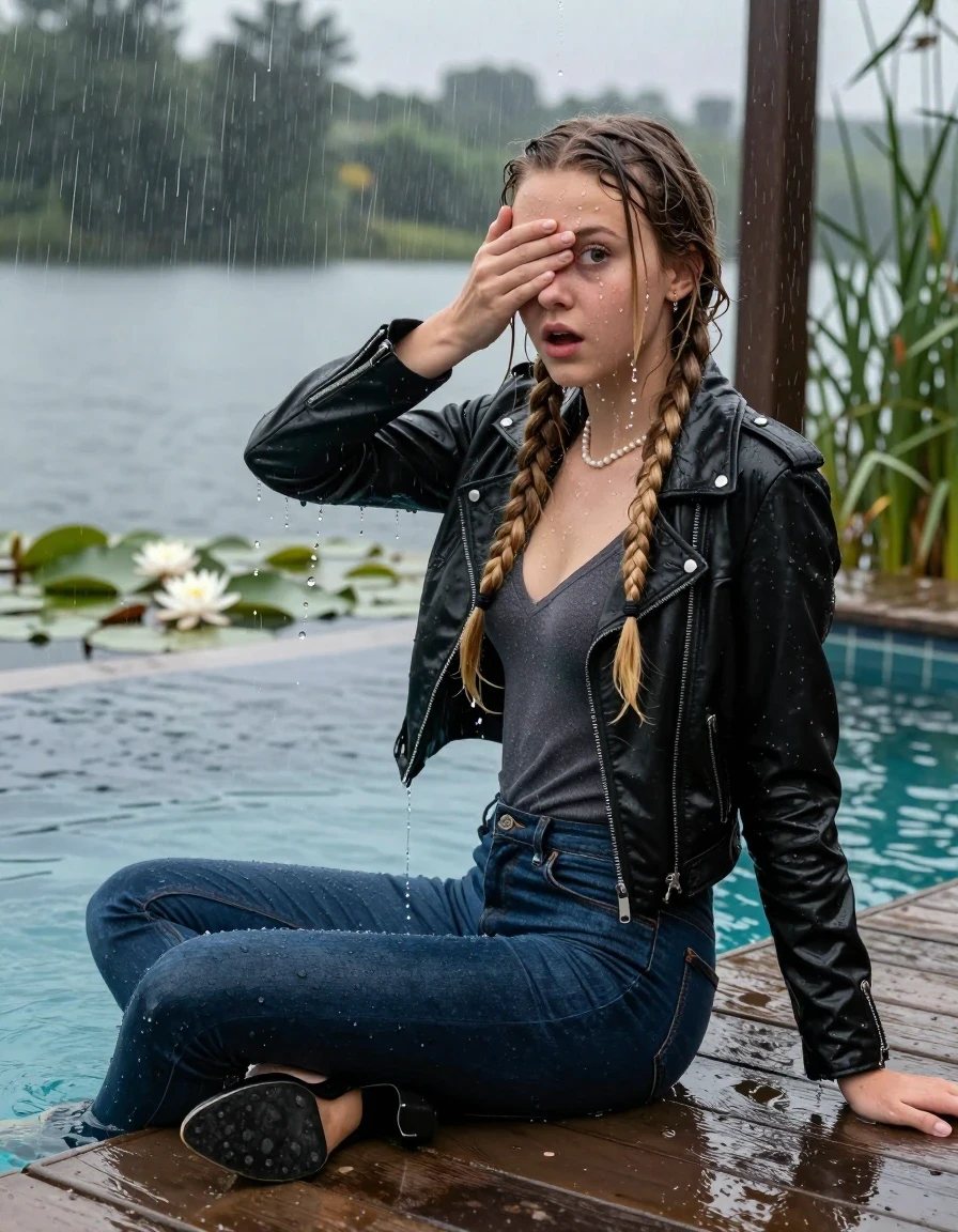 photo of young woman, in soaking wet, drenched clothes,
Black high heels, Dark blue levis skinny jeans, Black biker leatherjacket, Open jacket, tight v-neck sweater, shoulderbag, pearl necklace, bracelet, wristwatch, Orgasm in jetty by the lake with water lilies and reeds, 
enjoying, wet clothes stuck to body,
detailed textures of the wet clothes, wet face, wet plastered hair,
wet, drenched, professional, high-quality details, full body view.
sharp focus, ultra-high pixel detail, realistic, high-quality, full colors, incredibly detailed, 4k, 8k, 16k, hyper-realistic, RAW photo, masterpiece, ultra-detailed, professionally color graded, professional photograph, A realistic vertical fashion photograph taken from a backward, behind-the-back angle of a 15-year-old teenage girl sitting  in a glass-walled outdoor swimming pool, facing down to the camera to show her back. She is tilting her head at camera, letting the water drench her hair so it is glued flat against her head and body. She has two blonde long braids , completely saturated and dripping wet hair, with water cascading down her face and neck. Afraid and astonished Expression. Hold her hands over her eyes. Closed mouth, big eyes. The lighting is bright and cinematic, highlighting the glistening water droplets on her skin and the saturated texture of her  casual clothes. Outside the large glass wall of the pool building, heavy rain is visible falling against the window. Soft, moody indoor lighting with reflections on the water. High-quality fashion photography style.
her clothing is soaking wet and clinging tightly to her skin, showing heavy wet folds, darkened fabric texture, and deep water-saturated Patches, her clothes are heavy from the water, water runs from her body and her clothes in streams. A lot of water also runs out of her clothes. Her clothes are darkened by the water. 
hyper-realistic wetness, high-contrast water sheen, sharp focus, 16k resolution, professional photography, realistic water physics., wet skin, wet clothes, damp fabric, wet skin, wet clothes, damp fabric, wet skin, wet clothes, damp fabric, wet skin, wet clothes, damp fabric, wet skin, wet clothes, damp fabric, wet skin, wet clothes, damp fabric, wet skin, wet clothes, damp fabric, wet skin, wet clothes, damp fabric, wet skin, wet clothes, damp fabric, wet skin, wet clothes, damp fabric, wet skin, wet clothes, damp fabric, wet skin, wet clothes, damp fabric, wet skin, wet clothes, damp fabric, wet skin, wet clothes, damp fabric, wet skin, wet clothes, damp fabric, wet skin, wet clothes, damp fabric, wet skin, wet clothes, damp fabric, wet skin, wet clothes, damp fabric, wet skin, wet clothes, damp fabric, wet skin, wet clothes, damp fabric, wet skin, wet clothes, damp fabric, wet skin, wet clothes, damp fabric