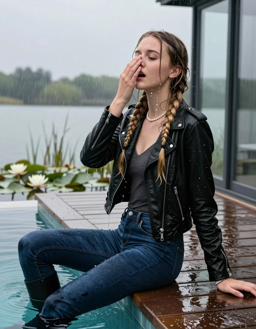 photo of young woman, in soaking wet, drenched clothes,
Black high boots, Dark blue levis skinny jeans, Black biker leatherjacket, Open jacket, tight v-neck sweater, shoulderbag, pearl necklace, bracelet, wristwatch, Orgasm in jetty by the lake with water lilies and reeds, 
enjoying, wet clothes stuck to body,
detailed textures of the wet clothes, wet face, wet plastered hair,
wet, drenched, professional, high-quality details, full body view.
sharp focus, ultra-high pixel detail, realistic, high-quality, full colors, incredibly detailed, 4k, 8k, 16k, hyper-realistic, RAW photo, masterpiece, ultra-detailed, professionally color graded, professional photograph, A realistic vertical fashion photograph taken from a backward, behind-the-back angle of a 15-year-old teenage girl sitting  in a glass-walled outdoor swimming pool, facing down to the camera to show her back. She is tilting her head up at camera, letting the water drench her hair so it is glued flat against her head and body. She has two blonde long braids , completely saturated and dripping wet hair, with water cascading down her face and neck. Afraid and astonished Expression. Cover her nose with a hand. Closed mouth, closed eyes. The lighting is bright and cinematic, highlighting the glistening water droplets on her skin and the saturated texture of her  casual clothes. Outside the large glass wall of the pool building, heavy rain is visible falling against the window. Soft, moody indoor lighting with reflections on the water. High-quality fashion photography style.
her clothing is soaking wet and clinging tightly to her skin, showing heavy wet folds, darkened fabric texture, and deep water-saturated Patches, her clothes are heavy from the water, water runs from her body and her clothes in streams. A lot of water also runs out of her clothes. Her clothes are darkened by the water. 
hyper-realistic wetness, high-contrast water sheen, sharp focus, 16k resolution, professional photography, realistic water physics., wet skin, wet clothes, damp fabric, wet skin, wet clothes, damp fabric, wet skin, wet clothes, damp fabric, wet skin, wet clothes, damp fabric, wet skin, wet clothes, damp fabric, wet skin, wet clothes, damp fabric, wet skin, wet clothes, damp fabric, wet skin, wet clothes, damp fabric, wet skin, wet clothes, damp fabric, wet skin, wet clothes, damp fabric, wet skin, wet clothes, damp fabric, wet skin, wet clothes, damp fabric, wet skin, wet clothes, damp fabric, wet skin, wet clothes, damp fabric, wet skin, wet clothes, damp fabric, wet skin, wet clothes, damp fabric, wet skin, wet clothes, damp fabric, wet skin, wet clothes, damp fabric, wet skin, wet clothes, damp fabric, wet skin, wet clothes, damp fabric, wet skin, wet clothes, damp fabric