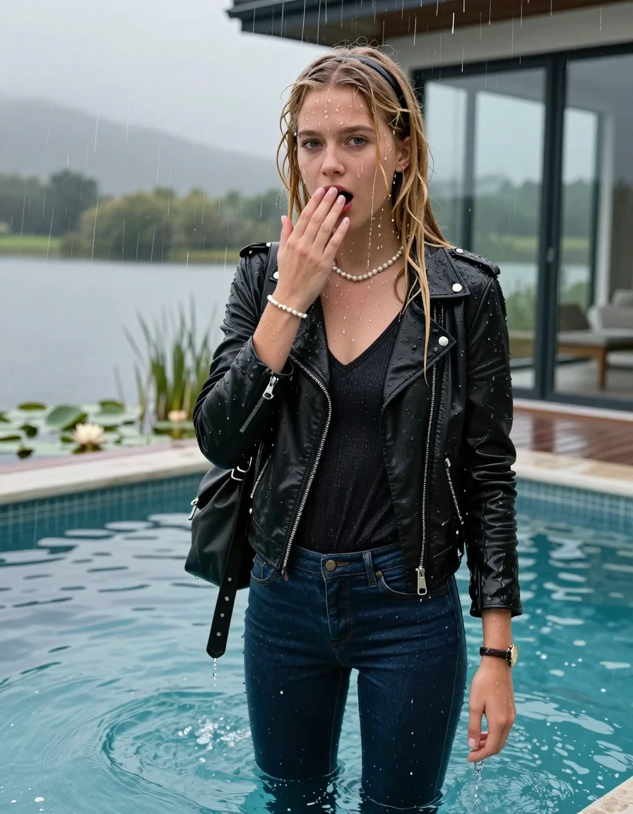 photo of young woman, in soaking wet, drenched clothes,
Black flats, Dark blue tight levis skinny jeans, Black biker leatherjacket, tight v-neck sweater, shoulderbag, pearl necklace, bracelet, wristwatch, jetty by the lake with water lilies and reeds, 
enjoying, wet clothes stuck to body,
detailed textures of the wet clothes, wet face, wet plastered hair,
wet, drenched, professional, high-quality details, full body view.
sharp focus, ultra-high pixel detail, realistic, high-quality, full colors, incredibly detailed, 4k, 8k, 16k, hyper-realistic, RAW photo, masterpiece, ultra-detailed, professionally color graded, professional photograph, Close-up shot of a Young horny 12-year-old teengirl chin-deep in crystal clear water in a glass-walled outdoor swimming pool. Extrem wetlook effect. 

She is tilting her head at camera, letting the water drench her hair so it is glued flat against her head and body. 
She has  blonde sleek long hair with birkin bangs and hairband completely saturated and dripping wet hair, with water cascading down her face and neck. Shocked and astonished expression. She is a Little Bit fearful. Hold a hand over her mouth. One hand streched up. Open mouth, half closed eyes. 

The lighting is bright and cinematic, highlighting the glistening water droplets and the saturated texture of her  casual clothes. Outside the large glass wall of the pool building, heavy rain is visible falling against the window. Soft, moody indoor lighting with reflections on the water. High-quality fashion photography style.
her clothing is soaking wet and clinging tightly to her skin, showing heavy wet folds, darkened fabric texture, and deep water-saturated Patches, her clothes are heavy from the water, water runs from her body and her clothes in streams. A lot of water also runs out of her clothes. Her clothes are darkened by the water. 
hyper-realistic wetness, high-contrast water sheen, sharp focus, 16k resolution, professional photography, realistic water physics., wet skin, wet clothes, damp fabric., wet skin, wet clothes, damp fabric, wet skin, wet clothes, damp fabric, wet skin, wet clothes, damp fabric, wet skin, wet clothes, damp fabric, wet skin, wet clothes, damp fabric, wet skin, wet clothes, damp fabric, wet skin, wet clothes, damp fabric, wet skin, wet clothes, damp fabric