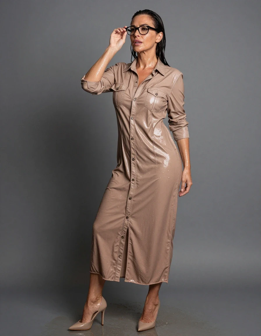 photo of young woman, in soaking wet, drenched clothes,
high-heeled shoes, maxi shiny light brown denim shirt dress, maxi shiny light brown denim shirt dress, after shower, 
enjoying, wet clothes stuck to body,
detailed textures of the wet clothes, wet face, wet plastered hair,
wet, drenched, professional, high-quality details, full body view.
sharp focus, ultra-high pixel detail, realistic, high-quality, full colors, incredibly detailed, 4k, 8k, 16k, hyper-realistic, RAW photo, masterpiece, ultra-detailed, professionally color graded, professional photograph, europen brunette skinny woman 50 years old, long dark black hair, office glasses, very big and thick lips, complete body, wet skin, wet clothes, damp fabric, wet skin, wet clothes, damp fabric, wet skin, wet clothes, damp fabric, wet skin, wet clothes, damp fabric, wet skin, wet clothes, damp fabric, wet skin, wet clothes, damp fabric, wet skin, wet clothes, damp fabric