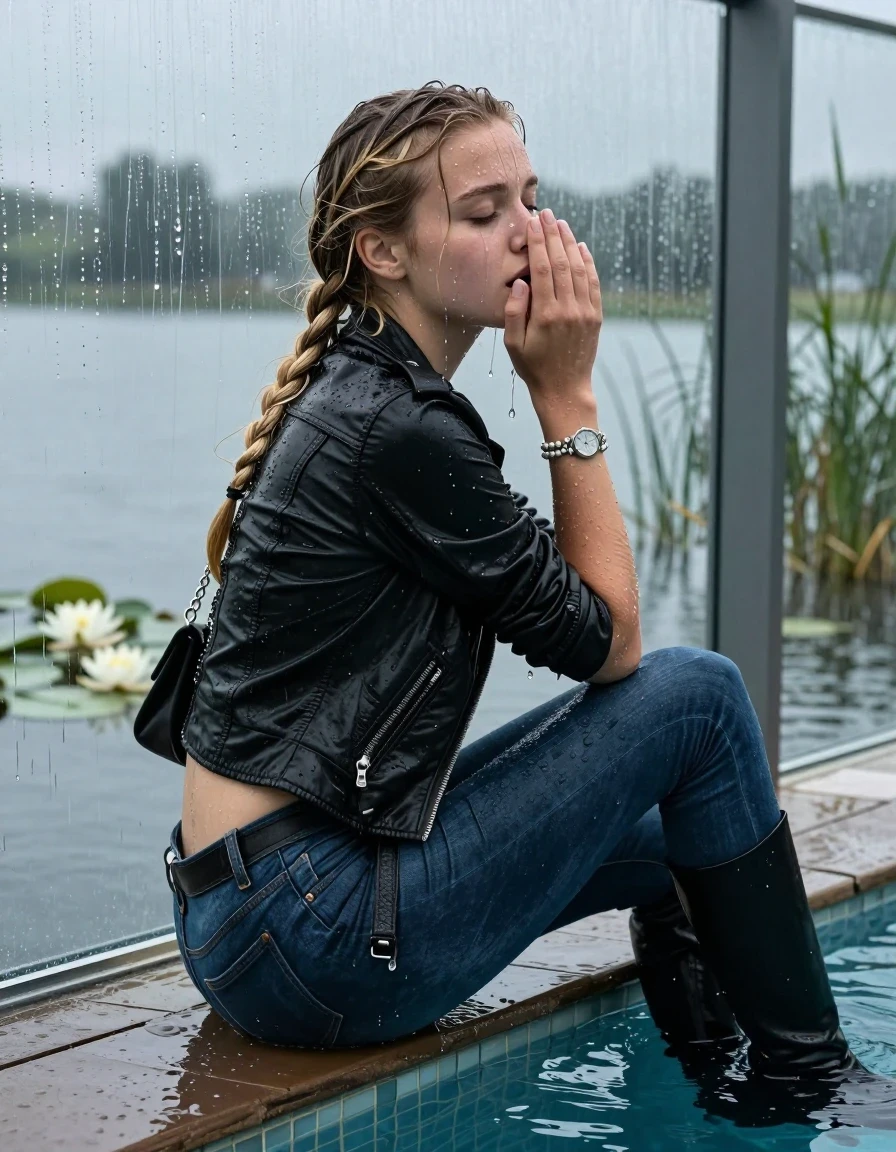photo of young woman, in soaking wet, drenched clothes,
Black high boots, Dark blue levis skinny jeans, Black biker leatherjacket, Open jacket, tight v-neck sweater, shoulderbag, pearl necklace, bracelet, wristwatch, Orgasm in jetty by the lake with water lilies and reeds, 
enjoying, wet clothes stuck to body,
detailed textures of the wet clothes, wet face, wet plastered hair,
wet, drenched, professional, high-quality details, full body view.
sharp focus, ultra-high pixel detail, realistic, high-quality, full colors, incredibly detailed, 4k, 8k, 16k, hyper-realistic, RAW photo, masterpiece, ultra-detailed, professionally color graded, professional photograph, A realistic vertical fashion photograph taken from a backward, behind-the-back angle of a 15-year-old teenage girl sitting  in a glass-walled outdoor swimming pool, facing down to the camera to show her back. She is tilting her head up at camera, letting the water drench her hair so it is glued flat against her head and body. She has two blonde long braids , completely saturated and dripping wet hair, with water cascading down her face and neck. Afraid and astonished Expression. Cover her nose with a hand. Closed mouth, closed eyes. The lighting is bright and cinematic, highlighting the glistening water droplets on her skin and the saturated texture of her  casual clothes. Outside the large glass wall of the pool building, heavy rain is visible falling against the window. Soft, moody indoor lighting with reflections on the water. High-quality fashion photography style.
her clothing is soaking wet and clinging tightly to her skin, showing heavy wet folds, darkened fabric texture, and deep water-saturated Patches, her clothes are heavy from the water, water runs from her body and her clothes in streams. A lot of water also runs out of her clothes. Her clothes are darkened by the water. 
hyper-realistic wetness, high-contrast water sheen, sharp focus, 16k resolution, professional photography, realistic water physics., wet skin, wet clothes, damp fabric, wet skin, wet clothes, damp fabric, wet skin, wet clothes, damp fabric, wet skin, wet clothes, damp fabric, wet skin, wet clothes, damp fabric, wet skin, wet clothes, damp fabric, wet skin, wet clothes, damp fabric, wet skin, wet clothes, damp fabric, wet skin, wet clothes, damp fabric, wet skin, wet clothes, damp fabric, wet skin, wet clothes, damp fabric, wet skin, wet clothes, damp fabric, wet skin, wet clothes, damp fabric, wet skin, wet clothes, damp fabric, wet skin, wet clothes, damp fabric, wet skin, wet clothes, damp fabric, wet skin, wet clothes, damp fabric, wet skin, wet clothes, damp fabric, wet skin, wet clothes, damp fabric, wet skin, wet clothes, damp fabric, wet skin, wet clothes, damp fabric