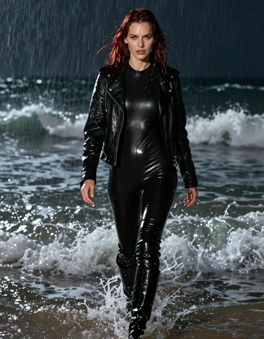 A photorealistic full-body shot of a young adult white American woman with long, dripping shoulder-length dark auburn hair, standing while walking through the surf in the ocean at night during a heavy rainstorm. She is wearing a black wet-look polar neck catsuit made of a high-sheen synthetic material that clings to her body, layered with a rugged black biker leather jacket, black vinyl pants with a high-gloss finish, and black leather knee-high boots. Her skin is glistening with rain and sea spray, and her clothing is heavily soaked, showing deep, saturated colors, clinging fabric folds, and heavy water-sheen textures. The environment is a dark, moody beach at night with crashing waves, heavy rainfall, and dramatic atmospheric lighting that highlights the wet surfaces and reflective textures of the vinyl and leather. The image maintains strict clothing coverage, ensuring no nudity, with sharp focus on the wet skin, damp fabric, and realistic water interaction. Cinematic lighting, 8k resolution, highly detailed textures, realistic wet hair and skin, sharp focus, professional photography style.