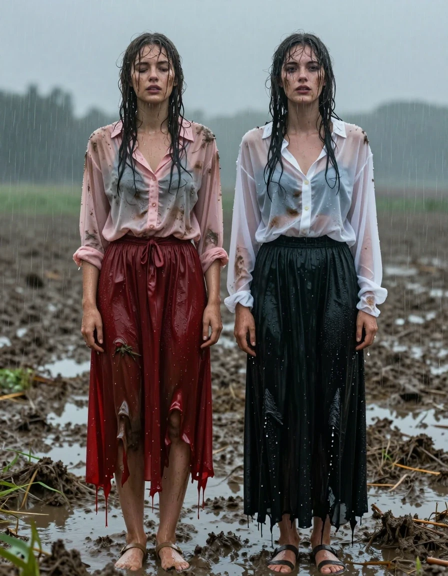 Two exhausted young adult European women standing in vast, muddy fields during a heavy rainstorm, both looking disheveled and covered in streaks of grime and dirt after a long journey. The first woman wears a light pink buttoned-down blouse soaked through and clinging to her skin, paired with a floor-length red silk skirt that is heavy with water, clinging to her legs and clinging to the ground, worn over sheer stockings and simple sandals. The second woman wears a sheer white blouse that is translucent from the downpour, paired with a long black maxi skirt that is drenched, heavy, and dripping with rainwater, also wearing sandals. Both women have wet, matted hair plastered to their faces, skin glistening with rain sheen, and clothes darkened by saturation. The environment is a desolate, storm-swept field with mud-splattered hems and dark, moody, overcast lighting. High-detail photorealistic capture, cinematic composition, focusing on the textures of wet fabric, realistic water droplets, and the weary, bedraggled expressions of the two women.
