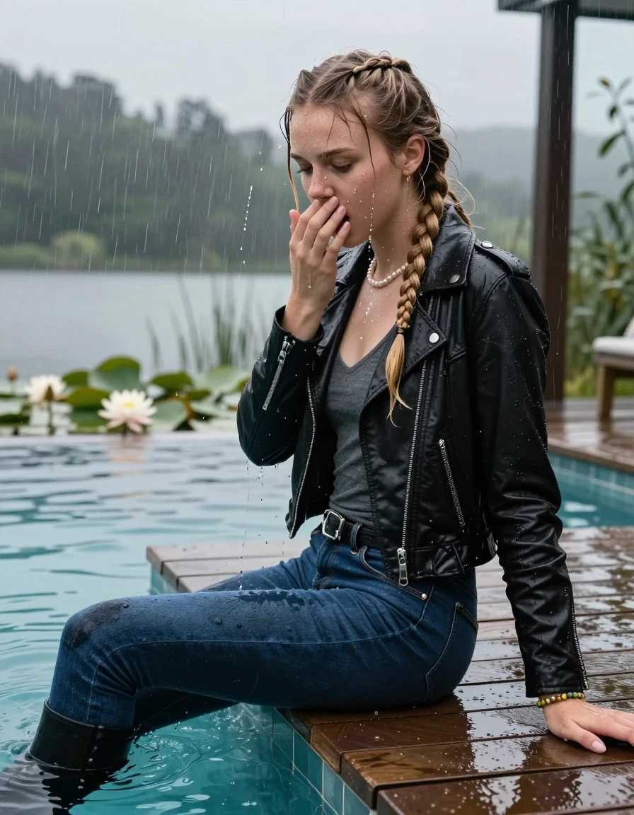 photo of young woman, in soaking wet, drenched clothes,
Black high boots, Dark blue levis skinny jeans, Black biker leatherjacket, Open jacket, tight v-neck sweater, shoulderbag, pearl necklace, bracelet, wristwatch, Orgasm in jetty by the lake with water lilies and reeds, 
enjoying, wet clothes stuck to body,
detailed textures of the wet clothes, wet face, wet plastered hair,
wet, drenched, professional, high-quality details, full body view.
sharp focus, ultra-high pixel detail, realistic, high-quality, full colors, incredibly detailed, 4k, 8k, 16k, hyper-realistic, RAW photo, masterpiece, ultra-detailed, professionally color graded, professional photograph, A realistic vertical fashion photograph taken from a backward, behind-the-back angle of a 12-year-old teenage girl sitting  in a glass-walled outdoor swimming pool, facing down to the camera to show her back. She is tilting her head at camera, letting the water drench her hair so it is glued flat against her head and body. She has two blonde long braids , completely saturated and dripping wet hair, with water cascading down her face and neck. Afraid and astonished Expression. Hold her hands over her mouth. Closed mouth, closed eyes. The lighting is bright and cinematic, highlighting the glistening water droplets on her skin and the saturated texture of her  casual clothes. Outside the large glass wall of the pool building, heavy rain is visible falling against the window. Soft, moody indoor lighting with reflections on the water. High-quality fashion photography style.
her clothing is soaking wet and clinging tightly to her skin, showing heavy wet folds, darkened fabric texture, and deep water-saturated Patches, her clothes are heavy from the water, water runs from her body and her clothes in streams. A lot of water also runs out of her clothes. Her clothes are darkened by the water. 
hyper-realistic wetness, high-contrast water sheen, sharp focus, 16k resolution, professional photography, realistic water physics., wet skin, wet clothes, damp fabric, wet skin, wet clothes, damp fabric, wet skin, wet clothes, damp fabric, wet skin, wet clothes, damp fabric, wet skin, wet clothes, damp fabric, wet skin, wet clothes, damp fabric, wet skin, wet clothes, damp fabric, wet skin, wet clothes, damp fabric, wet skin, wet clothes, damp fabric, wet skin, wet clothes, damp fabric, wet skin, wet clothes, damp fabric, wet skin, wet clothes, damp fabric, wet skin, wet clothes, damp fabric, wet skin, wet clothes, damp fabric, wet skin, wet clothes, damp fabric, wet skin, wet clothes, damp fabric, wet skin, wet clothes, damp fabric, wet skin, wet clothes, damp fabric, wet skin, wet clothes, damp fabric, wet skin, wet clothes, damp fabric, wet skin, wet clothes, damp fabric, wet skin, wet clothes, damp fabric
