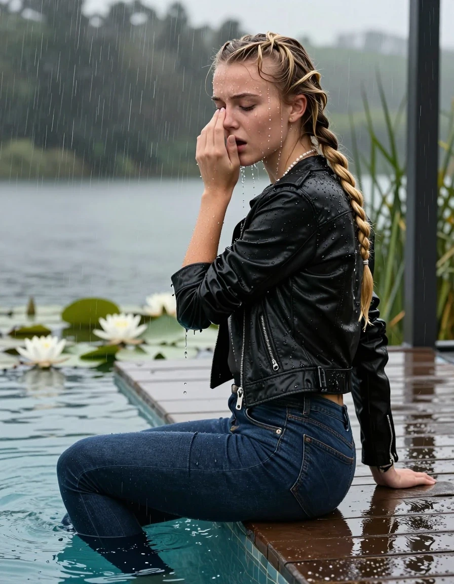 photo of young woman, in soaking wet, drenched clothes,
, Dark blue levis skinny jeans, Black biker leatherjacket, Open jacket, tight v-neck sweater, shoulderbag, pearl necklace, bracelet, wristwatch, Orgasm in jetty by the lake with water lilies and reeds, 
enjoying, wet clothes stuck to body,
detailed textures of the wet clothes, wet face, wet plastered hair,
wet, drenched, professional, high-quality details, full body view.
sharp focus, ultra-high pixel detail, realistic, high-quality, full colors, incredibly detailed, 4k, 8k, 16k, hyper-realistic, RAW photo, masterpiece, ultra-detailed, professionally color graded, professional photograph, A realistic vertical fashion photograph taken from a backward, behind-the-back angle of a 15-year-old teenage girl sitting  in a glass-walled outdoor swimming pool, facing down to the camera to show her back. She is tilting her head up at camera, letting the water drench her hair so it is glued flat against her head and body. She has two blonde long braids , completely saturated and dripping wet hair, with water cascading down her face and neck. Afraid and astonished Expression. Cover her nose with a hand. Closed mouth, closed eyes. The lighting is bright and cinematic, highlighting the glistening water droplets on her skin and the saturated texture of her  casual clothes. Outside the large glass wall of the pool building, heavy rain is visible falling against the window. Soft, moody indoor lighting with reflections on the water. High-quality fashion photography style.
her clothing is soaking wet and clinging tightly to her skin, showing heavy wet folds, darkened fabric texture, and deep water-saturated Patches, her clothes are heavy from the water, water runs from her body and her clothes in streams. A lot of water also runs out of her clothes. Her clothes are darkened by the water. 
hyper-realistic wetness, high-contrast water sheen, sharp focus, 16k resolution, professional photography, realistic water physics., wet skin, wet clothes, damp fabric, wet skin, wet clothes, damp fabric, wet skin, wet clothes, damp fabric, wet skin, wet clothes, damp fabric, wet skin, wet clothes, damp fabric, wet skin, wet clothes, damp fabric, wet skin, wet clothes, damp fabric, wet skin, wet clothes, damp fabric, wet skin, wet clothes, damp fabric, wet skin, wet clothes, damp fabric, wet skin, wet clothes, damp fabric, wet skin, wet clothes, damp fabric, wet skin, wet clothes, damp fabric, wet skin, wet clothes, damp fabric, wet skin, wet clothes, damp fabric, wet skin, wet clothes, damp fabric, wet skin, wet clothes, damp fabric, wet skin, wet clothes, damp fabric, wet skin, wet clothes, damp fabric, wet skin, wet clothes, damp fabric, wet skin, wet clothes, damp fabric, wet skin, wet clothes, damp fabric