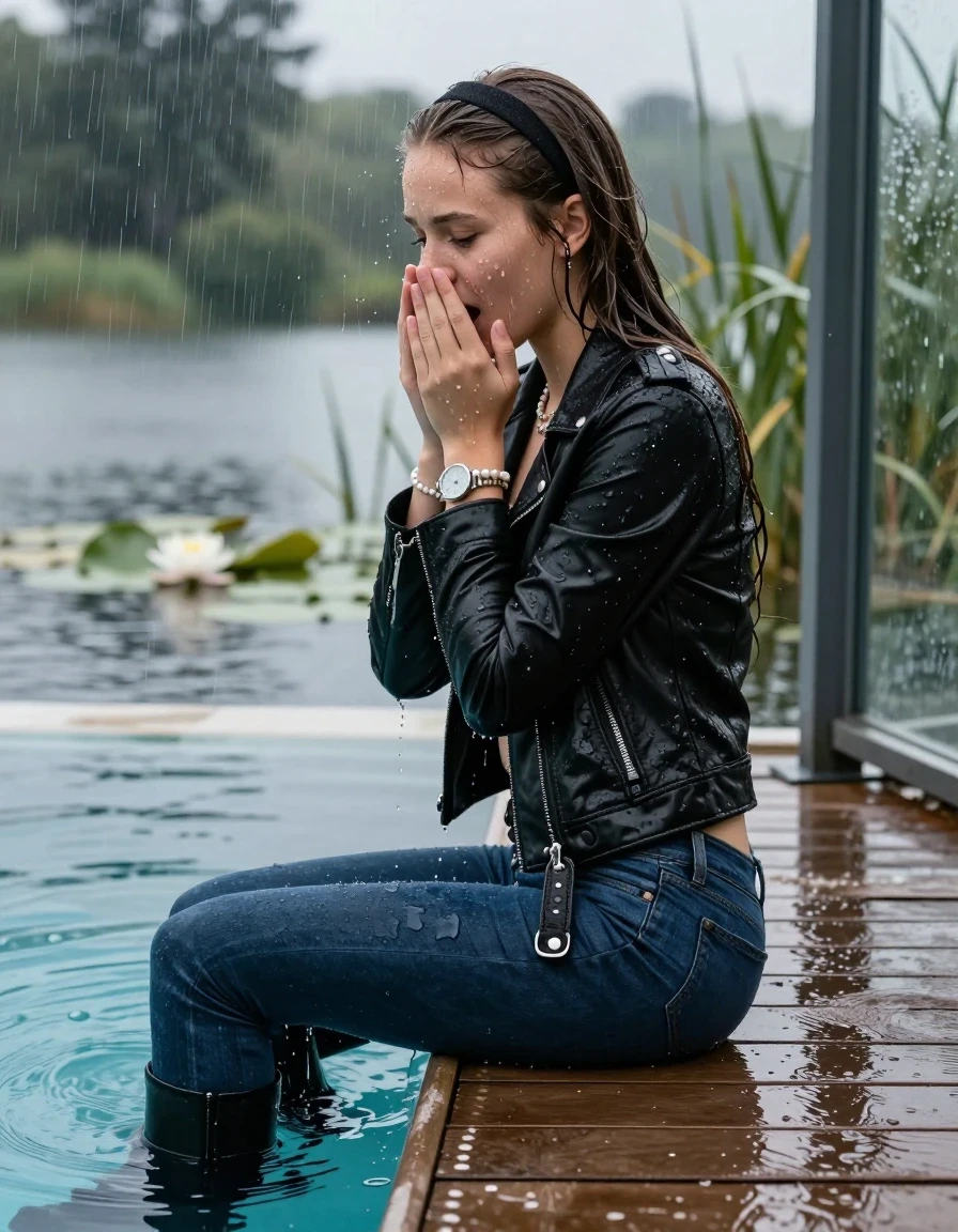 photo of young woman, in soaking wet, drenched clothes,
Black high boots, Dark blue levis skinny jeans, Black biker leatherjacket, Open jacket, tight v-neck sweater, shoulderbag, pearl necklace, bracelet, wristwatch, Orgasm in jetty by the lake with water lilies and reeds, 
enjoying, wet clothes stuck to body,
detailed textures of the wet clothes, wet face, wet plastered hair,
wet, drenched, professional, high-quality details, full body view.
sharp focus, ultra-high pixel detail, realistic, high-quality, full colors, incredibly detailed, 4k, 8k, 16k, hyper-realistic, RAW photo, masterpiece, ultra-detailed, professionally color graded, professional photograph, A realistic vertical fashion photograph taken from a backward, behind-the-back angle of a 12-year-old teenage girl sitting  in a glass-walled outdoor swimming pool, facing down to the camera to show her back. She is tilting her head at camera, letting the water drench her hair so it is glued flat against her head and body. She has long sleek hair with hairband, completely saturated and dripping wet hair, with water cascading down her face and neck. Afraid and astonished Expression. Hold her hands over her mouth. Closed mouth, closed eyes. The lighting is bright and cinematic, highlighting the glistening water droplets on her skin and the saturated texture of her  casual clothes. Outside the large glass wall of the pool building, heavy rain is visible falling against the window. Soft, moody indoor lighting with reflections on the water. High-quality fashion photography style.
her clothing is soaking wet and clinging tightly to her skin, showing heavy wet folds, darkened fabric texture, and deep water-saturated Patches, her clothes are heavy from the water, water runs from her body and her clothes in streams. A lot of water also runs out of her clothes. Her clothes are darkened by the water. 
hyper-realistic wetness, high-contrast water sheen, sharp focus, 16k resolution, professional photography, realistic water physics., wet skin, wet clothes, damp fabric, wet skin, wet clothes, damp fabric, wet skin, wet clothes, damp fabric, wet skin, wet clothes, damp fabric, wet skin, wet clothes, damp fabric, wet skin, wet clothes, damp fabric, wet skin, wet clothes, damp fabric, wet skin, wet clothes, damp fabric, wet skin, wet clothes, damp fabric, wet skin, wet clothes, damp fabric, wet skin, wet clothes, damp fabric, wet skin, wet clothes, damp fabric, wet skin, wet clothes, damp fabric, wet skin, wet clothes, damp fabric, wet skin, wet clothes, damp fabric, wet skin, wet clothes, damp fabric, wet skin, wet clothes, damp fabric, wet skin, wet clothes, damp fabric, wet skin, wet clothes, damp fabric, wet skin, wet clothes, damp fabric, wet skin, wet clothes, damp fabric, wet skin, wet clothes, damp fabric, wet skin, wet clothes, damp fabric