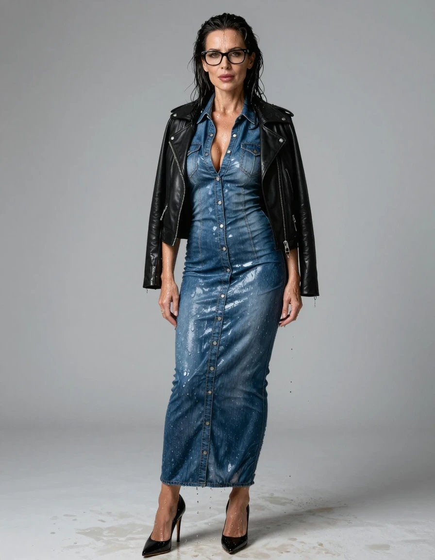 photo of young woman, in soaking wet, drenched clothes,
high-heeled shoes, tight maxi shiny denim shirt dress, tight maxi shiny denim shirt dress, black leather byker jacket, after bath, 
enjoying, wet clothes stuck to body,
detailed textures of the wet clothes, wet face, wet plastered hair,
wet, drenched, professional, high-quality details, full body view.
sharp focus, ultra-high pixel detail, realistic, high-quality, full colors, incredibly detailed, 4k, 8k, 16k, hyper-realistic, RAW photo, masterpiece, ultra-detailed, professionally color graded, professional photograph, europen brunette skinny woman 50 years old, long dark black hair, office glasses, very big and thick lips, complete body, wet skin, wet clothes, damp fabric, wet skin, wet clothes, damp fabric, wet skin, wet clothes, damp fabric, wet skin, wet clothes, damp fabric, wet skin, wet clothes, damp fabric, wet skin, wet clothes, damp fabric, wet skin, wet clothes, damp fabric