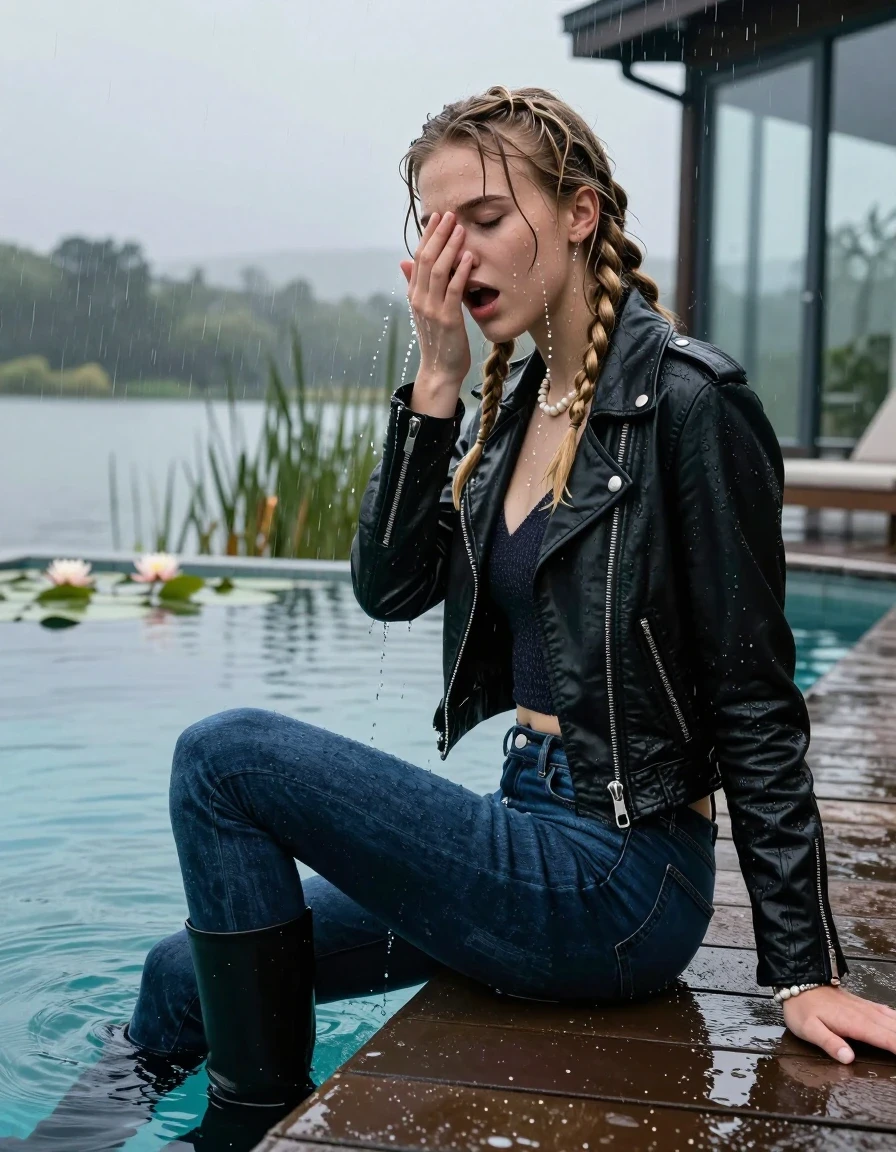photo of young woman, in soaking wet, drenched clothes,
Black high boots, Dark blue levis skinny jeans, Black biker leatherjacket, Open jacket, tight v-neck sweater, shoulderbag, pearl necklace, bracelet, wristwatch, Orgasm in jetty by the lake with water lilies and reeds, 
enjoying, wet clothes stuck to body,
detailed textures of the wet clothes, wet face, wet plastered hair,
wet, drenched, professional, high-quality details, full body view.
sharp focus, ultra-high pixel detail, realistic, high-quality, full colors, incredibly detailed, 4k, 8k, 16k, hyper-realistic, RAW photo, masterpiece, ultra-detailed, professionally color graded, professional photograph, A realistic vertical fashion photograph taken from a backward, behind-the-back angle of a 15-year-old teenage girl sitting  in a glass-walled outdoor swimming pool, facing down to the camera to show her back. She is tilting her head at camera, letting the water drench her hair so it is glued flat against her head and body. She has two blonde long braids , completely saturated and dripping wet hair, with water cascading down her face and neck. Afraid and astonished Expression. Cover her nose . Open mouth, closed eyes. The lighting is bright and cinematic, highlighting the glistening water droplets on her skin and the saturated texture of her  casual clothes. Outside the large glass wall of the pool building, heavy rain is visible falling against the window. Soft, moody indoor lighting with reflections on the water. High-quality fashion photography style.
her clothing is soaking wet and clinging tightly to her skin, showing heavy wet folds, darkened fabric texture, and deep water-saturated Patches, her clothes are heavy from the water, water runs from her body and her clothes in streams. A lot of water also runs out of her clothes. Her clothes are darkened by the water. 
hyper-realistic wetness, high-contrast water sheen, sharp focus, 16k resolution, professional photography, realistic water physics., wet skin, wet clothes, damp fabric, wet skin, wet clothes, damp fabric, wet skin, wet clothes, damp fabric, wet skin, wet clothes, damp fabric, wet skin, wet clothes, damp fabric, wet skin, wet clothes, damp fabric, wet skin, wet clothes, damp fabric, wet skin, wet clothes, damp fabric, wet skin, wet clothes, damp fabric, wet skin, wet clothes, damp fabric, wet skin, wet clothes, damp fabric, wet skin, wet clothes, damp fabric, wet skin, wet clothes, damp fabric, wet skin, wet clothes, damp fabric, wet skin, wet clothes, damp fabric, wet skin, wet clothes, damp fabric, wet skin, wet clothes, damp fabric, wet skin, wet clothes, damp fabric, wet skin, wet clothes, damp fabric, wet skin, wet clothes, damp fabric, wet skin, wet clothes, damp fabric