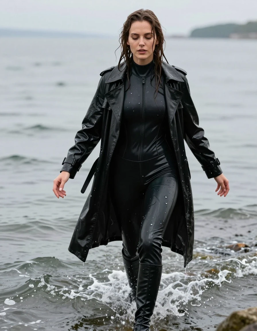 photo of young woman, in soaking wet, drenched clothes,
black leather knee-high boots, black vinyl pants, black vinyl polar neck catsuit , black vinyl trench coat, diving into the waves at the bach, 
enjoying, wet clothes stuck to body,
detailed textures of the wet clothes, wet face, wet plastered hair,
wet, drenched, professional, high-quality details, full body view.
sharp focus, ultra-high pixel detail, realistic, high-quality, full colors, incredibly detailed, 4k, 8k, 16k, hyper-realistic, RAW photo, masterpiece, ultra-detailed, professionally color graded, professional photograph, white woman, long dripping wet brown hair,, wet skin, wet clothes, damp fabric, wet skin, wet clothes, damp fabric, wet skin, wet clothes, damp fabric