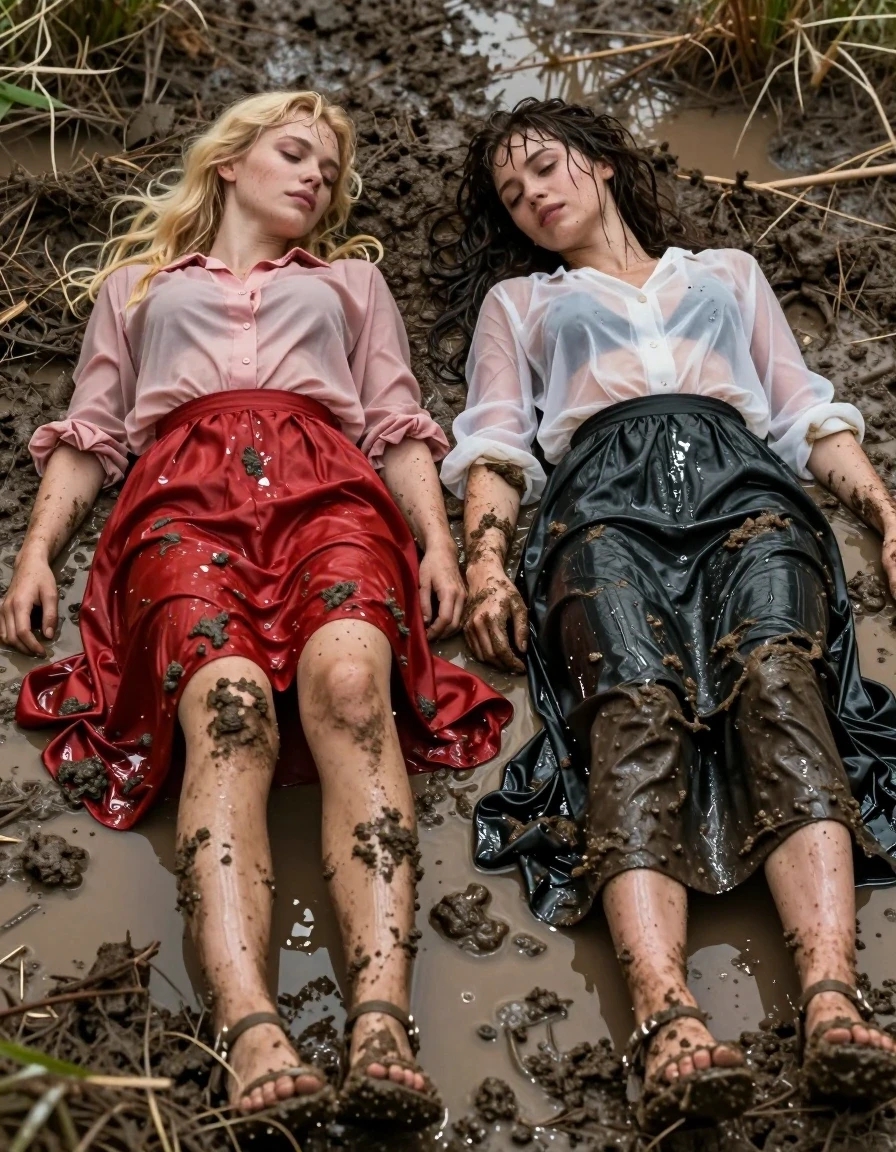 Hyper-realistic cinematic shot of two young adult European women, one blonde and one brunette, suddenly waking up disoriented in a muddy field. They are lying in a shallow, murky puddle, their bodies and clothing heavily saturated with water and coated in thick, dark mud. The blonde woman wears a light pink buttoned-down blouse and a floor-length red silk skirt that is clinging to her legs and stockings, darkened by deep water absorption. The brunette woman wears a sheer white blouse and a black maxi skirt, both dripping wet and translucent from the moisture. Both women are wearing sandals caked in mud. Their hair is matted and wet, clinging to their faces and necks, with water sheen and specular highlights reflecting the ambient light. The fabric of their clothing shows heavy wet folds, deep saturation, and visible weight from the water. The environment is a damp, muddy field with scattered debris, captured with a sharp focus on the textures of the mud, the wet skin, and the clinging, soaked textiles. Soft, overcast natural lighting, 8k resolution, highly detailed skin texture, raw photographic style, vivid contrast between the muddy ground and the wet garments.