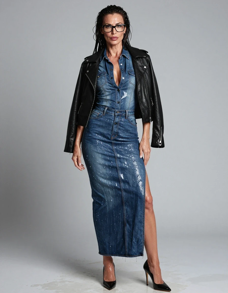 photo of young woman, in soaking wet, drenched clothes,
high-heeled shoes, tight maxi shiny denim shirt dress, tight maxi shiny denim shirt dress, black leather byker jacket, after bath, 
enjoying, wet clothes stuck to body,
detailed textures of the wet clothes, wet face, wet plastered hair,
wet, drenched, professional, high-quality details, full body view.
sharp focus, ultra-high pixel detail, realistic, high-quality, full colors, incredibly detailed, 4k, 8k, 16k, hyper-realistic, RAW photo, masterpiece, ultra-detailed, professionally color graded, professional photograph, europen brunette skinny woman 50 years old, long dark black hair, office glasses, very big and thick lips, complete body, wet skin, wet clothes, damp fabric, wet skin, wet clothes, damp fabric, wet skin, wet clothes, damp fabric, wet skin, wet clothes, damp fabric, wet skin, wet clothes, damp fabric, wet skin, wet clothes, damp fabric, wet skin, wet clothes, damp fabric