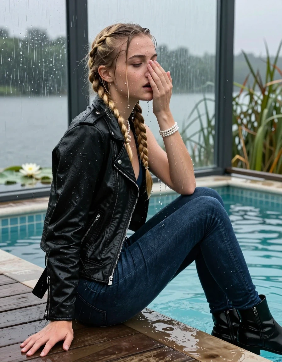 photo of young woman, in soaking wet, drenched clothes,
Black high boots, Dark blue levis skinny jeans, Black biker leatherjacket, Open jacket, tight v-neck sweater, shoulderbag, pearl necklace, bracelet, wristwatch, Orgasm in jetty by the lake with water lilies and reeds, 
enjoying, wet clothes stuck to body,
detailed textures of the wet clothes, wet face, wet plastered hair,
wet, drenched, professional, high-quality details, full body view.
sharp focus, ultra-high pixel detail, realistic, high-quality, full colors, incredibly detailed, 4k, 8k, 16k, hyper-realistic, RAW photo, masterpiece, ultra-detailed, professionally color graded, professional photograph, A realistic vertical fashion photograph taken from a backward, behind-the-back angle of a 15-year-old teenage girl sitting  in a glass-walled outdoor swimming pool, facing down to the camera to show her back. She is tilting her head up at camera, letting the water drench her hair so it is glued flat against her head and body. She has two blonde long braids , completely saturated and dripping wet hair, with water cascading down her face and neck. Afraid and astonished Expression. Cover her nose with a hand. Closed mouth, closed eyes. The lighting is bright and cinematic, highlighting the glistening water droplets on her skin and the saturated texture of her  casual clothes. Outside the large glass wall of the pool building, heavy rain is visible falling against the window. Soft, moody indoor lighting with reflections on the water. High-quality fashion photography style.
her clothing is soaking wet and clinging tightly to her skin, showing heavy wet folds, darkened fabric texture, and deep water-saturated Patches, her clothes are heavy from the water, water runs from her body and her clothes in streams. A lot of water also runs out of her clothes. Her clothes are darkened by the water. 
hyper-realistic wetness, high-contrast water sheen, sharp focus, 16k resolution, professional photography, realistic water physics., wet skin, wet clothes, damp fabric, wet skin, wet clothes, damp fabric, wet skin, wet clothes, damp fabric, wet skin, wet clothes, damp fabric, wet skin, wet clothes, damp fabric, wet skin, wet clothes, damp fabric, wet skin, wet clothes, damp fabric, wet skin, wet clothes, damp fabric, wet skin, wet clothes, damp fabric, wet skin, wet clothes, damp fabric, wet skin, wet clothes, damp fabric, wet skin, wet clothes, damp fabric, wet skin, wet clothes, damp fabric, wet skin, wet clothes, damp fabric, wet skin, wet clothes, damp fabric, wet skin, wet clothes, damp fabric, wet skin, wet clothes, damp fabric, wet skin, wet clothes, damp fabric, wet skin, wet clothes, damp fabric, wet skin, wet clothes, damp fabric, wet skin, wet clothes, damp fabric