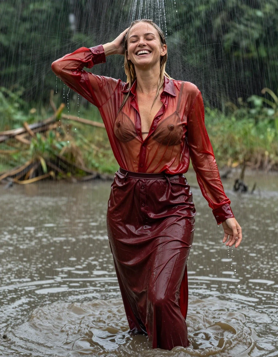 photo of young woman, in soaking wet, drenched clothes,
pumps, transparent braun, noversized floor-length satin skirt, no underwear, transparent feuerrot oversized satin long blouse, see-through, kein BH, mudbath, swamp, waves, heavy rain, 
enjoying, wet clothes stuck to body,
detailed textures of the wet clothes, wet face, wet plastered hair,
wet, drenched, professional, high-quality details, full body view.
sharp focus, ultra-high pixel detail, realistic, high-quality, full colors, incredibly detailed, 4k, 8k, 16k, hyper-realistic, RAW photo, masterpiece, ultra-detailed, professionally color graded, professional photograph, muddy water, laughing, blond hair, shower, collar, long sleeves, buttoned, wet hair, long hair, soaking wet blouse,  full body view,  side view, drenched clothes, shower, wet skin, wet clothes, soaking wet fabric, pouring water on head,
kein BH, sichtbare Brüste, im wasser stehen, Blick zur Kamera, wet skin, wet clothes, damp fabric