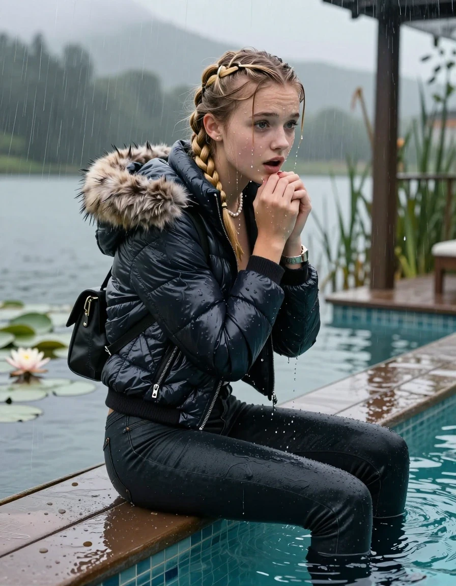 photo of young woman, in soaking wet, drenched clothes,
, Dark levis skinny jeans, Moncler shiny puffer down jacket with fur, Open jacket, tight v-neck sweater, shoulderbag, pearl necklace, bracelet, wristwatch, Orgasm in jetty by the lake with water lilies and reeds, 
enjoying, wet clothes stuck to body,
detailed textures of the wet clothes, wet face, wet plastered hair,
wet, drenched, professional, high-quality details, full body view.
sharp focus, ultra-high pixel detail, realistic, high-quality, full colors, incredibly detailed, 4k, 8k, 16k, hyper-realistic, RAW photo, masterpiece, ultra-detailed, professionally color graded, professional photograph, A realistic vertical fashion photograph taken from a backward, behind-the-back angle of a 15-year-old teenage girl sitting  in a glass-walled outdoor swimming pool, facing down to the camera to show her back. She is tilting her head at camera, letting the water drench her hair so it is glued flat against her head and body. She has two blonde long braids , completely saturated and dripping wet hair, with water cascading down her face and neck. Afraid and astonished expression. Hold her hands on her chin. open mouth, big eyes. The lighting is bright and cinematic, highlighting the glistening water droplets on her skin and the saturated texture of her  casual clothes. Outside the large glass wall of the pool building, heavy rain is visible falling against the window. Soft, moody indoor lighting with reflections on the water. High-quality fashion photography style.
her clothing is soaking wet and clinging tightly to her skin, showing heavy wet folds, darkened fabric texture, and deep water-saturated Patches, her clothes are heavy from the water, water runs from her body and her clothes in streams. A lot of water also runs out of her clothes. Her clothes are darkened by the water. 
hyper-realistic wetness, high-contrast water sheen, sharp focus, 16k resolution, professional photography, realistic water physics., wet skin, wet clothes, damp fabric, wet skin, wet clothes, damp fabric, wet skin, wet clothes, damp fabric, wet skin, wet clothes, damp fabric, wet skin, wet clothes, damp fabric, wet skin, wet clothes, damp fabric, wet skin, wet clothes, damp fabric, wet skin, wet clothes, damp fabric, wet skin, wet clothes, damp fabric, wet skin, wet clothes, damp fabric, wet skin, wet clothes, damp fabric, wet skin, wet clothes, damp fabric, wet skin, wet clothes, damp fabric, wet skin, wet clothes, damp fabric, wet skin, wet clothes, damp fabric, wet skin, wet clothes, damp fabric, wet skin, wet clothes, damp fabric, wet skin, wet clothes, damp fabric, wet skin, wet clothes, damp fabric, wet skin, wet clothes, damp fabric, wet skin, wet clothes, damp fabric