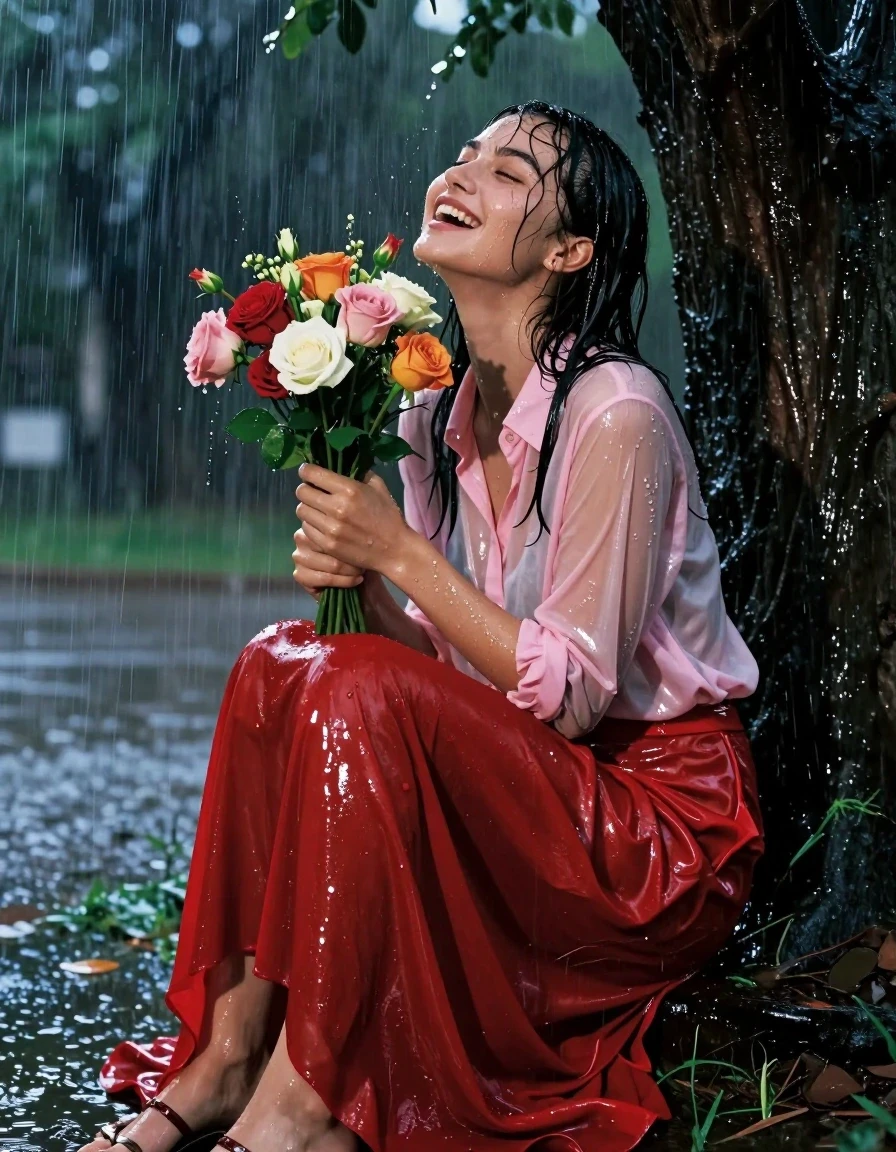 A photorealistic medium shot of a young adult European woman with wet, rain-slicked hair and skin, sitting under a large tree in a park at night during a torrential downpour. She is wearing a light pink button-down blouse that is soaked, sheer, and clinging to her skin, and a floor-length red silk skirt that is heavy, clinging, and darkened by the water, with stockings visible beneath. She is wearing sandals on her feet. She is holding a bouquet of flowers in her hands, her expression one of intense, blissful pleasure as she reaches an orgasm from the sensation of the torrential rain. The fabric of her blouse and skirt shows deep, saturated colors, heavy water-logged folds, and a high-gloss sheen from the heavy rain. The environment is dark and atmospheric, illuminated by dim park lighting reflecting off the wet pavement and the water dripping from the tree branches. High-contrast lighting, 8k resolution, cinematic photography, sharp focus on the textures of the soaked silk and blouse, realistic water droplets, and drenched skin texture.