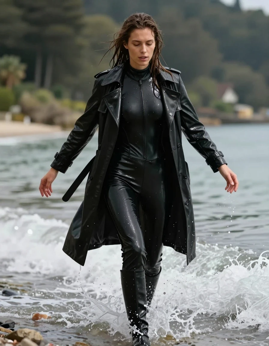 photo of young woman, in soaking wet, drenched clothes,
black leather knee-high boots, black vinyl pants, black vinyl polar neck catsuit , black vinyl trench coat, diving into the waves at the bach, 
enjoying, wet clothes stuck to body,
detailed textures of the wet clothes, wet face, wet plastered hair,
wet, drenched, professional, high-quality details, full body view.
sharp focus, ultra-high pixel detail, realistic, high-quality, full colors, incredibly detailed, 4k, 8k, 16k, hyper-realistic, RAW photo, masterpiece, ultra-detailed, professionally color graded, professional photograph, white woman, long dripping wet brown hair,, wet skin, wet clothes, damp fabric, wet skin, wet clothes, damp fabric, wet skin, wet clothes, damp fabric