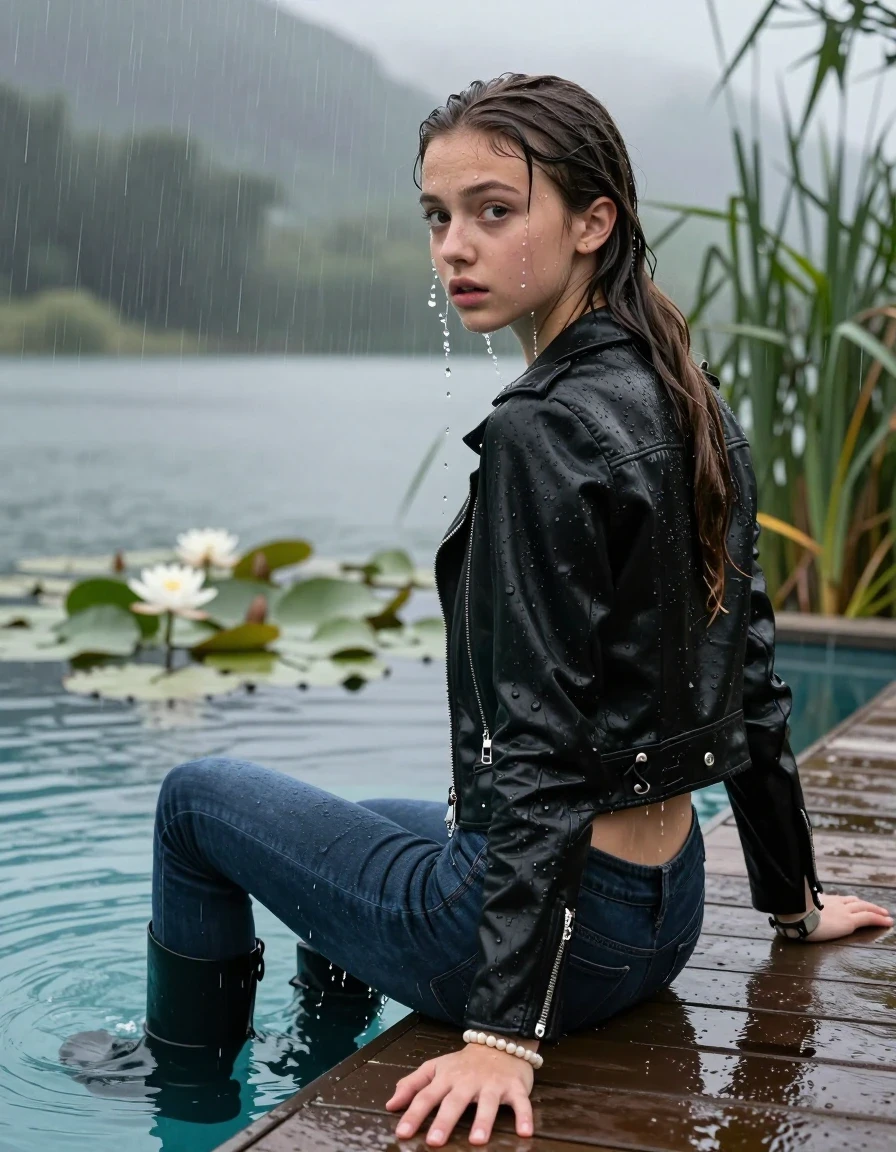 photo of young woman, in soaking wet, drenched clothes,
Black high boots, Dark blue levis skinny jeans, Black biker leatherjacket, Open jacket, tight v-neck sweater, shoulderbag, pearl necklace, bracelet, wristwatch, Orgasm in jetty by the lake with water lilies and reeds, 
enjoying, wet clothes stuck to body,
detailed textures of the wet clothes, wet face, wet plastered hair,
wet, drenched, professional, high-quality details, full body view.
sharp focus, ultra-high pixel detail, realistic, high-quality, full colors, incredibly detailed, 4k, 8k, 16k, hyper-realistic, RAW photo, masterpiece, ultra-detailed, professionally color graded, professional photograph, A realistic vertical fashion photograph taken from a backward, behind-the-back angle of a 12-year-old teenage girl sitting  in a glass-walled outdoor swimming pool, facing down to the camera to show her back. She is tilting her head at camera, letting the water drench her hair so it is glued flat against her head and body. She has a long sleek ponytail, completely saturated and dripping wet hair, with water cascading down her face and neck. Afraid and astonished Expression. Closed mouth, big eyes. The lighting is bright and cinematic, highlighting the glistening water droplets on her skin and the saturated texture of her  casual clothes. Outside the large glass wall of the pool building, heavy rain is visible falling against the window. Soft, moody indoor lighting with reflections on the water. High-quality fashion photography style.
her clothing is soaking wet and clinging tightly to her skin, showing heavy wet folds, darkened fabric texture, and deep water-saturated Patches, her clothes are heavy from the water, water runs from her body and her clothes in streams. A lot of water also runs out of her clothes. Her clothes are darkened by the water. 
hyper-realistic wetness, high-contrast water sheen, sharp focus, 16k resolution, professional photography, realistic water physics., wet skin, wet clothes, damp fabric, wet skin, wet clothes, damp fabric, wet skin, wet clothes, damp fabric, wet skin, wet clothes, damp fabric, wet skin, wet clothes, damp fabric, wet skin, wet clothes, damp fabric, wet skin, wet clothes, damp fabric, wet skin, wet clothes, damp fabric, wet skin, wet clothes, damp fabric, wet skin, wet clothes, damp fabric, wet skin, wet clothes, damp fabric, wet skin, wet clothes, damp fabric, wet skin, wet clothes, damp fabric, wet skin, wet clothes, damp fabric, wet skin, wet clothes, damp fabric, wet skin, wet clothes, damp fabric, wet skin, wet clothes, damp fabric, wet skin, wet clothes, damp fabric, wet skin, wet clothes, damp fabric, wet skin, wet clothes, damp fabric, wet skin, wet clothes, damp fabric, wet skin, wet clothes, damp fabric, wet skin, wet clothes, damp fabric