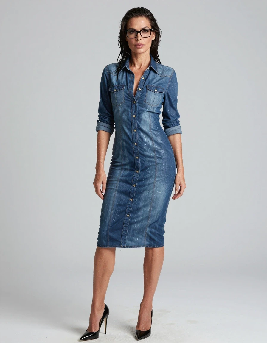 photo of young woman, in soaking wet, drenched clothes,
high-heeled shoes, tight midi shiny denim shirt dress, tight midi shiny denim shirt dress, after swim , 
enjoying, wet clothes stuck to body,
detailed textures of the wet clothes, wet face, wet plastered hair,
wet, drenched, professional, high-quality details, full body view.
sharp focus, ultra-high pixel detail, realistic, high-quality, full colors, incredibly detailed, 4k, 8k, 16k, hyper-realistic, RAW photo, masterpiece, ultra-detailed, professionally color graded, professional photograph, europen brunette skinny woman 50 years old, long dark black hair, office glasses, very big and thick lips, complete body, wet skin, wet clothes, damp fabric, wet skin, wet clothes, damp fabric, wet skin, wet clothes, damp fabric, wet skin, wet clothes, damp fabric, wet skin, wet clothes, damp fabric, wet skin, wet clothes, damp fabric, wet skin, wet clothes, damp fabric