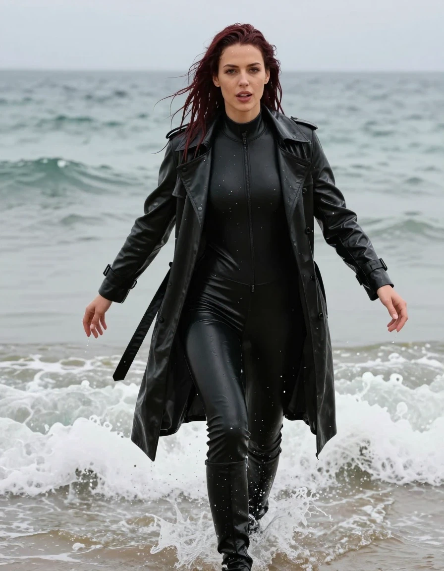 photo of young woman, in soaking wet, drenched clothes,
black leather knee-high boots, black vinyl pants, black vinyl polar neck catsuit , black vinyl trench coat, diving into the waves at the beach, 
enjoying, wet clothes stuck to body,
detailed textures of the wet clothes, wet face, wet plastered hair,
wet, drenched, professional, high-quality details, full body view.
sharp focus, ultra-high pixel detail, realistic, high-quality, full colors, incredibly detailed, 4k, 8k, 16k, hyper-realistic, RAW photo, masterpiece, ultra-detailed, professionally color graded, professional photograph, white American woman, long dripping shoulder-length dark auburn hair, wet skin, wet clothes, damp fabric, wet skin, wet clothes, damp fabric, wet skin, wet clothes, damp fabric
