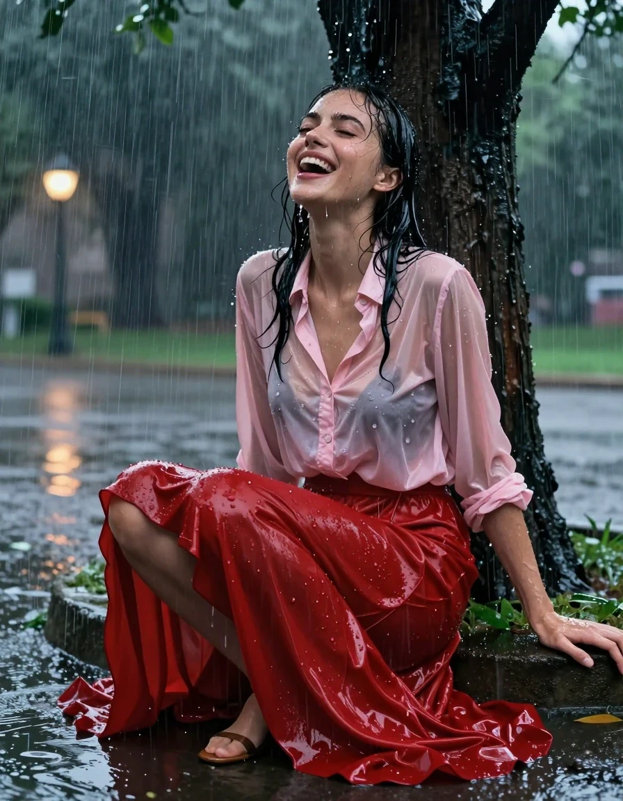 A photorealistic medium shot of a young adult European woman with wet, rain-slicked hair and skin, sitting under a large tree in a park at night during a torrential downpour. She is wearing a light pink buttoned-down blouse that is soaked, translucent, and clinging to her skin, and a floor-length red silk skirt that is heavy with water, clinging to her legs and pooling on the ground, revealing sheer stockings underneath. She wears elegant sandals on her feet. Her expression is one of intense, ecstatic pleasure as she experiences an orgasm from the sensation of the heavy rain. The lighting is cinematic, provided by distant, moody park lamps reflecting off the dark, wet surfaces and the heavy sheets of rain. The scene is captured with high-detail textures, showing water dripping from her clothes, heavy fabric folds, and a powerful, glistening sheen on her skin and the saturated clothing, 8k resolution, sharp focus, atmospheric, hyper-realistic.