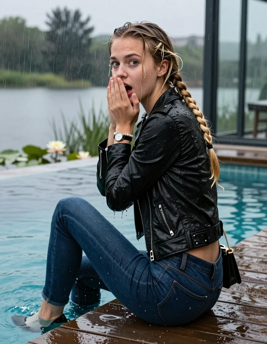 photo of young woman, in soaking wet, drenched clothes,
Black high heels, Dark blue levis skinny jeans, Black biker leatherjacket, Open jacket, tight v-neck sweater, shoulderbag, pearl necklace, bracelet, wristwatch, Orgasm in jetty by the lake with water lilies and reeds, 
enjoying, wet clothes stuck to body,
detailed textures of the wet clothes, wet face, wet plastered hair,
wet, drenched, professional, high-quality details, full body view.
sharp focus, ultra-high pixel detail, realistic, high-quality, full colors, incredibly detailed, 4k, 8k, 16k, hyper-realistic, RAW photo, masterpiece, ultra-detailed, professionally color graded, professional photograph, A realistic vertical fashion photograph taken from a backward, behind-the-back angle of a 15-year-old teenage girl sitting  in a glass-walled outdoor swimming pool, facing down to the camera to show her back. She is tilting her head at camera, letting the water drench her hair so it is glued flat against her head and body. She has two blonde long braids , completely saturated and dripping wet hair, with water cascading down her face and neck. Afraid and astonished Expression. Hold her hands over her mouth. Closed mouth, big eyes. The lighting is bright and cinematic, highlighting the glistening water droplets on her skin and the saturated texture of her  casual clothes. Outside the large glass wall of the pool building, heavy rain is visible falling against the window. Soft, moody indoor lighting with reflections on the water. High-quality fashion photography style.
her clothing is soaking wet and clinging tightly to her skin, showing heavy wet folds, darkened fabric texture, and deep water-saturated Patches, her clothes are heavy from the water, water runs from her body and her clothes in streams. A lot of water also runs out of her clothes. Her clothes are darkened by the water. 
hyper-realistic wetness, high-contrast water sheen, sharp focus, 16k resolution, professional photography, realistic water physics., wet skin, wet clothes, damp fabric, wet skin, wet clothes, damp fabric, wet skin, wet clothes, damp fabric, wet skin, wet clothes, damp fabric, wet skin, wet clothes, damp fabric, wet skin, wet clothes, damp fabric, wet skin, wet clothes, damp fabric, wet skin, wet clothes, damp fabric, wet skin, wet clothes, damp fabric, wet skin, wet clothes, damp fabric, wet skin, wet clothes, damp fabric, wet skin, wet clothes, damp fabric, wet skin, wet clothes, damp fabric, wet skin, wet clothes, damp fabric, wet skin, wet clothes, damp fabric, wet skin, wet clothes, damp fabric, wet skin, wet clothes, damp fabric, wet skin, wet clothes, damp fabric, wet skin, wet clothes, damp fabric, wet skin, wet clothes, damp fabric, wet skin, wet clothes, damp fabric, wet skin, wet clothes, damp fabric