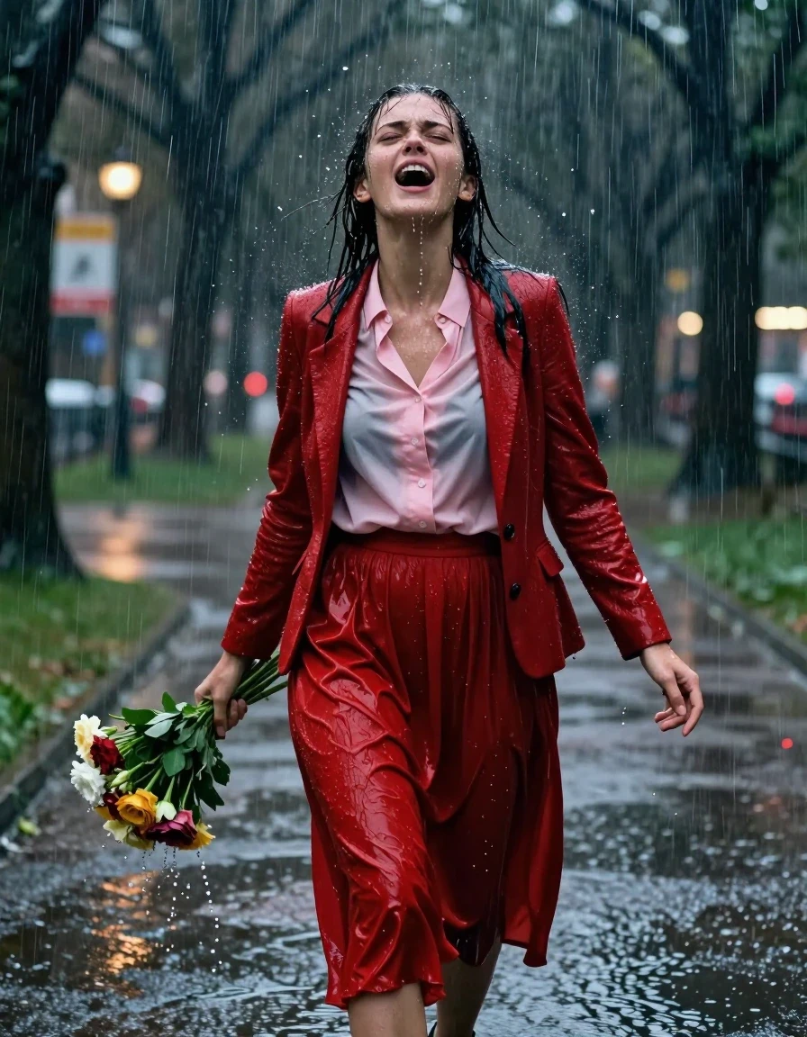 A photorealistic medium shot of a young adult European woman in a park at night during a torrential downpour, experiencing an intense orgasm with a flushed, ecstatic expression, eyes slightly closed, head tilted back. She is wearing a light pink buttoned-down blouse with a pussy bow, layered under a red cashmere blazer, paired with a floor-length red cashmere skirt and stockings visible under the hem. She is wearing sandals on her feet and holding a bouquet of flowers that are being battered by the heavy rain. Her skin and hair are drenched, with water streaming down her face and body. The clothing is visibly soaked, with the cashmere fabrics appearing heavy, matted, and significantly darkened with deep, uneven saturation and realistic water-clinging folds. The torrential rain creates a constant sheen and glossy specular highlights on her wet skin and the saturated fabric surfaces. The background is a dark, atmospheric park with blurred city lights reflecting off wet pavement and puddles, captured with a shallow depth of field, high-speed shutter to freeze the falling raindrops, cinematic lighting, 8k resolution, hyper-detailed textures.