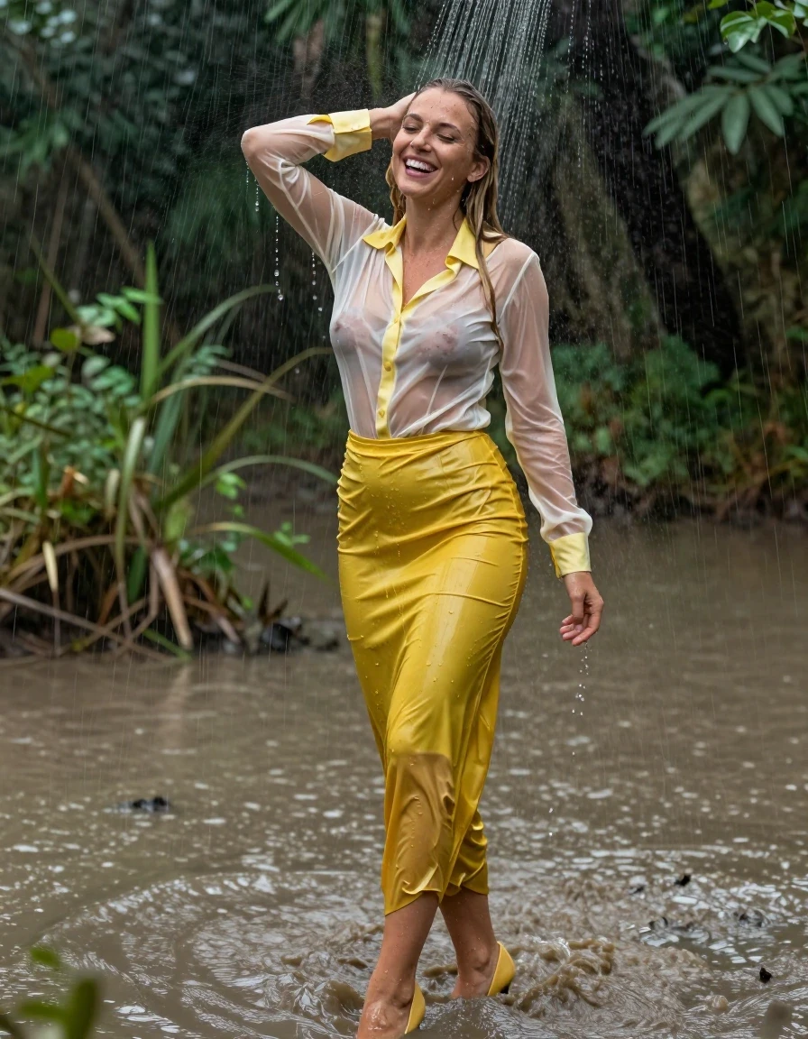 photo of young woman, in soaking wet, drenched clothes,
pumps, high-heels, transparent sonnengelb slim floor-length satin skirt, no underwear, transparent curry slim satin long blouse, see-through, kein BH, mudbath, swamp, waves, heavy rain, 
enjoying, wet clothes stuck to body,
detailed textures of the wet clothes, wet face, wet plastered hair,
wet, drenched, professional, high-quality details, full body view.
sharp focus, ultra-high pixel detail, realistic, high-quality, full colors, incredibly detailed, 4k, 8k, 16k, hyper-realistic, RAW photo, masterpiece, ultra-detailed, professionally color graded, professional photograph, muddy water, laughing, blond hair, shower, collar, long sleeves, buttoned, wet hair, long hair, soaking wet blouse,  full body view,  side view, drenched clothes, shower, wet skin, wet clothes, soaking wet fabric, pouring water on head,
kein BH, sichtbare Brüste, im wasser stehen, Blick zur Kamera, wet skin, wet clothes, damp fabric
