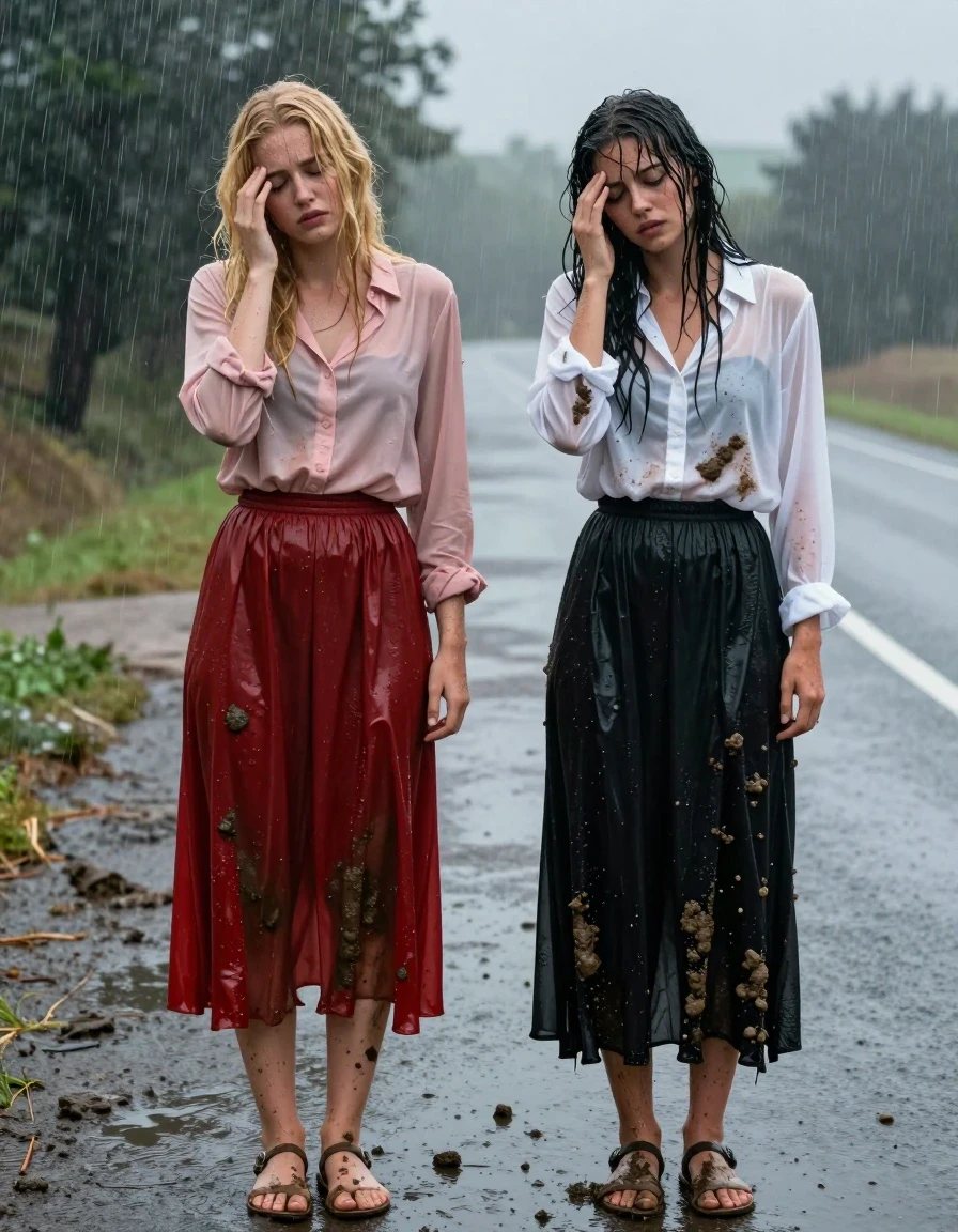 A photorealistic medium shot of two young adult European women, one blonde and one brunette, standing by a rain-slicked roadside while hitchhiking. Both women appear visibly hungover and exhausted, their skin and hair drenched with rain, featuring a realistic water sheen and clinging, damp strands. The blonde woman wears a light pink buttoned-down blouse and a floor-length red silk skirt over stockings, with mud caked onto the fabric and her skin. The brunette woman wears a sheer white blouse over a black maxi skirt, also heavily stained with mud and soaked through by the downpour. Both women are wearing sandals, their feet caked in mud. The fabric of their clothing is dark, heavy, and clings to their bodies, showing deep saturated tones and clinging folds from the relentless rain. The environment is a gloomy, overcast roadside during a heavy storm, with mud splattered across the ground and the women's clothing. Captured with a 35mm lens, high-contrast lighting, natural rain texture, cinematic atmosphere, sharp focus on skin texture and fabric weave, hyper-detailed wet look.
