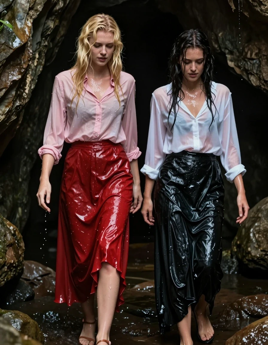 A photorealistic scene featuring a young adult blonde European woman and a young adult brunette European woman climbing out of a dark, rugged cave entrance. Both women have wet, glistening skin with water droplets, damp tangled hair, and are wearing thoroughly drenched, heavy clothing that clings to their bodies. The blonde woman wears a light pink buttoned-down blouse and a floor-length red silk skirt over stockings, with sandals on her feet. The brunette woman wears a sheer white blouse and a black maxi skirt. The fabric of both skirts and blouses is saturated with water, appearing darker, translucent, and heavy with deep folds and clinging textures. The cave mouth is wet and glistening, with water trickling down the stone walls. High-contrast cinematic lighting highlights the sheen on their wet skin and the deep, saturated colors of the soaked fabric. 8k resolution, highly detailed textures, realistic water physics, sharp focus on skin pores and fabric weave.