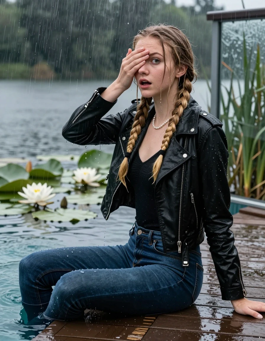 photo of young woman, in soaking wet, drenched clothes,
Black high heels, Dark blue levis skinny jeans, Black biker leatherjacket, Open jacket, tight v-neck sweater, shoulderbag, pearl necklace, bracelet, wristwatch, Orgasm in jetty by the lake with water lilies and reeds, 
enjoying, wet clothes stuck to body,
detailed textures of the wet clothes, wet face, wet plastered hair,
wet, drenched, professional, high-quality details, full body view.
sharp focus, ultra-high pixel detail, realistic, high-quality, full colors, incredibly detailed, 4k, 8k, 16k, hyper-realistic, RAW photo, masterpiece, ultra-detailed, professionally color graded, professional photograph, A realistic vertical fashion photograph taken from a backward, behind-the-back angle of a 15-year-old teenage girl sitting  in a glass-walled outdoor swimming pool, facing down to the camera to show her back. She is tilting her head at camera, letting the water drench her hair so it is glued flat against her head and body. She has two blonde long braids , completely saturated and dripping wet hair, with water cascading down her face and neck. Afraid and astonished Expression. Hold her hands over her eyes. Closed mouth, big eyes. The lighting is bright and cinematic, highlighting the glistening water droplets on her skin and the saturated texture of her  casual clothes. Outside the large glass wall of the pool building, heavy rain is visible falling against the window. Soft, moody indoor lighting with reflections on the water. High-quality fashion photography style.
her clothing is soaking wet and clinging tightly to her skin, showing heavy wet folds, darkened fabric texture, and deep water-saturated Patches, her clothes are heavy from the water, water runs from her body and her clothes in streams. A lot of water also runs out of her clothes. Her clothes are darkened by the water. 
hyper-realistic wetness, high-contrast water sheen, sharp focus, 16k resolution, professional photography, realistic water physics., wet skin, wet clothes, damp fabric, wet skin, wet clothes, damp fabric, wet skin, wet clothes, damp fabric, wet skin, wet clothes, damp fabric, wet skin, wet clothes, damp fabric, wet skin, wet clothes, damp fabric, wet skin, wet clothes, damp fabric, wet skin, wet clothes, damp fabric, wet skin, wet clothes, damp fabric, wet skin, wet clothes, damp fabric, wet skin, wet clothes, damp fabric, wet skin, wet clothes, damp fabric, wet skin, wet clothes, damp fabric, wet skin, wet clothes, damp fabric, wet skin, wet clothes, damp fabric, wet skin, wet clothes, damp fabric, wet skin, wet clothes, damp fabric, wet skin, wet clothes, damp fabric, wet skin, wet clothes, damp fabric, wet skin, wet clothes, damp fabric, wet skin, wet clothes, damp fabric