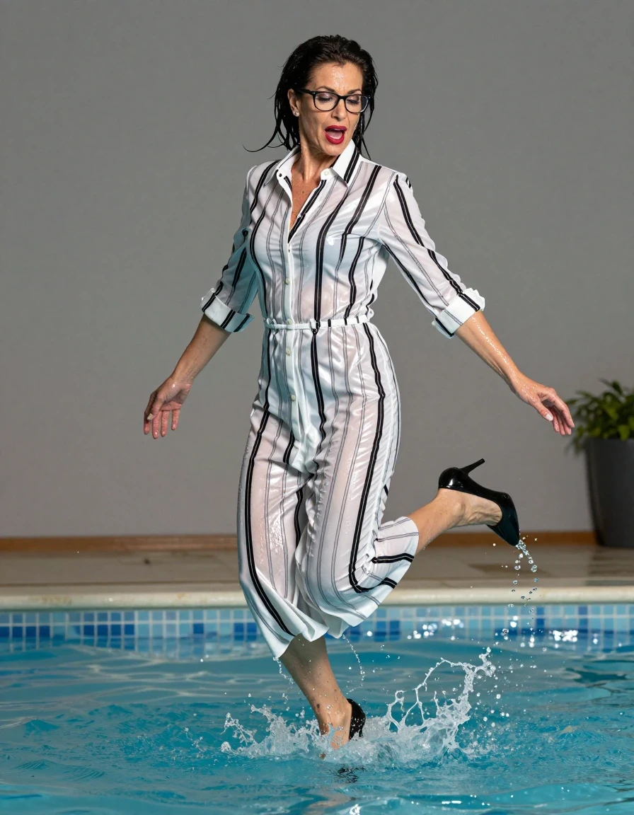 photo of young woman, in soaking wet, drenched clothes,
high-heeled shoes, maxi shiny white & black vertical striped shirt dress, maxi shiny white & black vertical striped shirt dress, jump in pool of trabuline, 
enjoying, wet clothes stuck to body,
detailed textures of the wet clothes, wet face, wet plastered hair,
wet, drenched, professional, high-quality details, full body view.
sharp focus, ultra-high pixel detail, realistic, high-quality, full colors, incredibly detailed, 4k, 8k, 16k, hyper-realistic, RAW photo, masterpiece, ultra-detailed, professionally color graded, professional photograph, europen brunette skinny woman 50 years old, long dark black hair, office glasses, very big and thick lips, complete body, wet skin, wet clothes, damp fabric, wet skin, wet clothes, damp fabric, wet skin, wet clothes, damp fabric, wet skin, wet clothes, damp fabric, wet skin, wet clothes, damp fabric, wet skin, wet clothes, damp fabric, wet skin, wet clothes, damp fabric