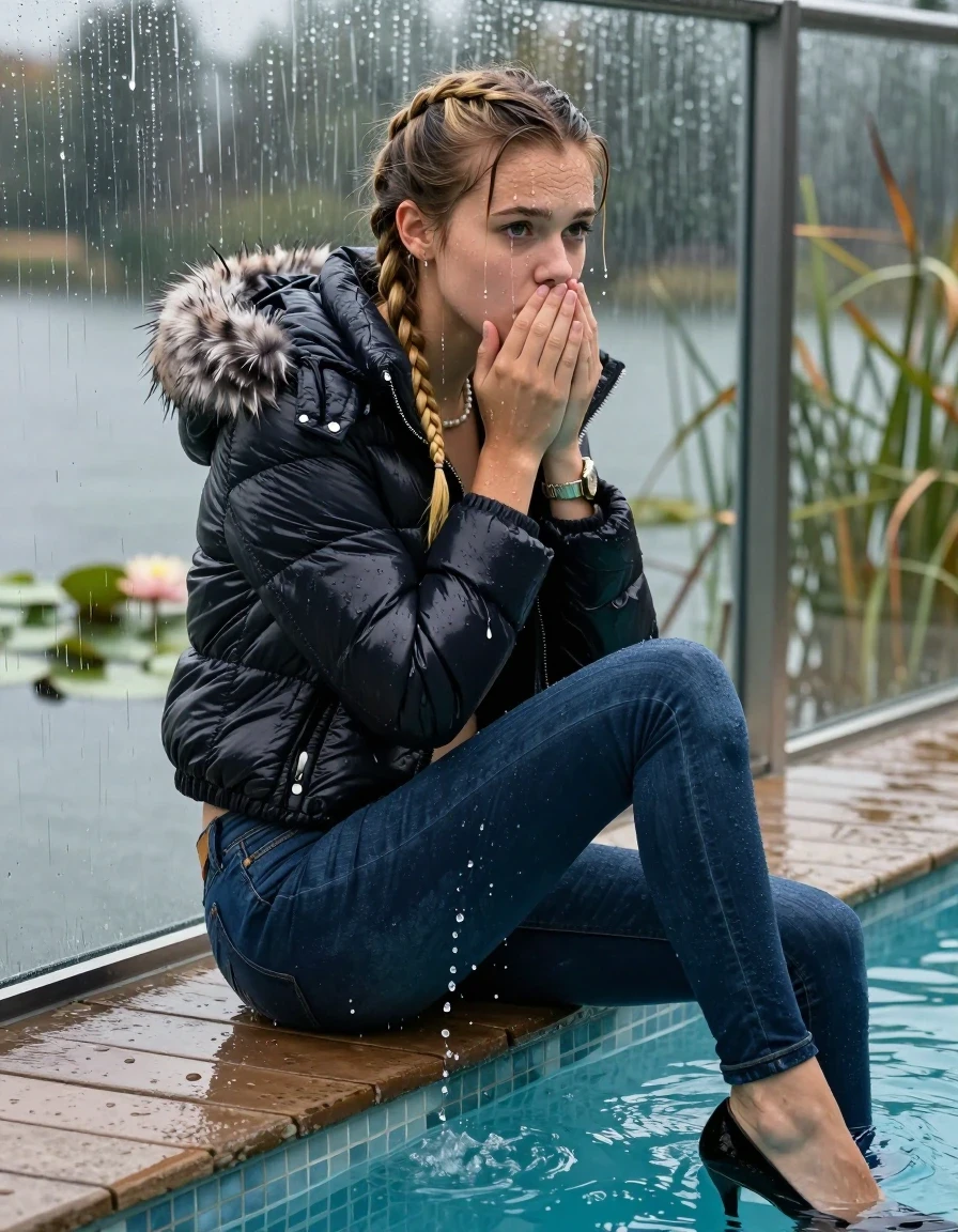 photo of young woman, in soaking wet, drenched clothes,
Black high heels, Dark blue levis skinny jeans, Moncler shiny puffer down jacket with fur, Open jacket, tight v-neck sweater, shoulderbag, pearl necklace, bracelet, wristwatch, Orgasm in jetty by the lake with water lilies and reeds, 
enjoying, wet clothes stuck to body,
detailed textures of the wet clothes, wet face, wet plastered hair,
wet, drenched, professional, high-quality details, full body view.
sharp focus, ultra-high pixel detail, realistic, high-quality, full colors, incredibly detailed, 4k, 8k, 16k, hyper-realistic, RAW photo, masterpiece, ultra-detailed, professionally color graded, professional photograph, A realistic vertical fashion photograph taken from a backward, behind-the-back angle of a 15-year-old teenage girl sitting in a glass-walled outdoor swimming pool, facing down to the camera to show her back. She is tilting her head at camera, letting the water drench her hair so it is glued flat against her head and body. She has two blonde long braids , completely saturated and dripping wet hair, with water cascading down her face and neck. Afraid and astonished Expression. Hold her hands over her mouth and nose. Closed mouth, big eyes. The lighting is bright and cinematic, highlighting the glistening water droplets on her skin and the saturated texture of her  casual clothes. Outside the large glass wall of the pool building, heavy rain is visible falling against the window. Soft, moody indoor lighting with reflections on the water. High-quality fashion photography style.
her clothing is soaking wet and clinging tightly to her skin, showing heavy wet folds, darkened fabric texture, and deep water-saturated Patches, her clothes are heavy from the water, water runs from her body and her clothes in streams. A lot of water also runs out of her clothes. Her clothes are darkened by the water. 
hyper-realistic wetness, high-contrast water sheen, sharp focus, 16k resolution, professional photography, realistic water physics., wet skin, wet clothes, damp fabric, wet skin, wet clothes, damp fabric, wet skin, wet clothes, damp fabric, wet skin, wet clothes, damp fabric, wet skin, wet clothes, damp fabric, wet skin, wet clothes, damp fabric, wet skin, wet clothes, damp fabric, wet skin, wet clothes, damp fabric, wet skin, wet clothes, damp fabric, wet skin, wet clothes, damp fabric, wet skin, wet clothes, damp fabric, wet skin, wet clothes, damp fabric, wet skin, wet clothes, damp fabric, wet skin, wet clothes, damp fabric, wet skin, wet clothes, damp fabric, wet skin, wet clothes, damp fabric, wet skin, wet clothes, damp fabric, wet skin, wet clothes, damp fabric, wet skin, wet clothes, damp fabric, wet skin, wet clothes, damp fabric, wet skin, wet clothes, damp fabric