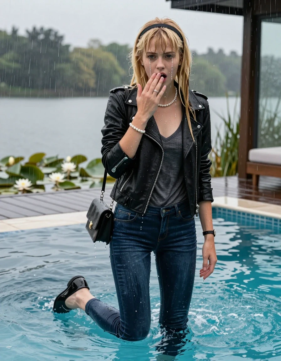 photo of young woman, in soaking wet, drenched clothes,
Black flats, Dark blue tight levis skinny jeans, Black biker leatherjacket, tight v-neck sweater, shoulderbag, pearl necklace, bracelet, wristwatch, jetty by the lake with water lilies and reeds, 
enjoying, wet clothes stuck to body,
detailed textures of the wet clothes, wet face, wet plastered hair,
wet, drenched, professional, high-quality details, full body view.
sharp focus, ultra-high pixel detail, realistic, high-quality, full colors, incredibly detailed, 4k, 8k, 16k, hyper-realistic, RAW photo, masterpiece, ultra-detailed, professionally color graded, professional photograph, A dramatic outdoor Shot of a Young horny 12-year-old teengirl submerged up to the neck in a glass-walled outdoor swimming pool, facing down to the camera to show her back. 

She is tilting her head at camera, letting the water drench her hair so it is glued flat against her head and body. 
She has  blonde sleek long hair with birkin bangs and hairband completely saturated and dripping wet hair, with water cascading down her face and neck. Shocked and astonished expression. She is a Little Bit fearful. Hold a hand over her mouth. One hand streched up. Open mouth, half closed eyes. 

The lighting is bright and cinematic, highlighting the glistening water droplets and the saturated texture of her  casual clothes. Outside the large glass wall of the pool building, heavy rain is visible falling against the window. Soft, moody indoor lighting with reflections on the water. High-quality fashion photography style.
her clothing is soaking wet and clinging tightly to her skin, showing heavy wet folds, darkened fabric texture, and deep water-saturated Patches, her clothes are heavy from the water, water runs from her body and her clothes in streams. A lot of water also runs out of her clothes. Her clothes are darkened by the water. 
hyper-realistic wetness, high-contrast water sheen, sharp focus, 16k resolution, professional photography, realistic water physics., wet skin, wet clothes, damp fabric., wet skin, wet clothes, damp fabric, wet skin, wet clothes, damp fabric, wet skin, wet clothes, damp fabric, wet skin, wet clothes, damp fabric, wet skin, wet clothes, damp fabric, wet skin, wet clothes, damp fabric, wet skin, wet clothes, damp fabric, wet skin, wet clothes, damp fabric